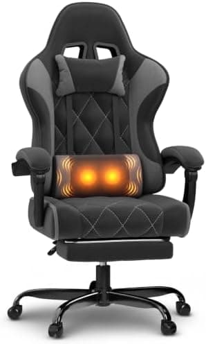 JUMMICO Fabric Gaming Chair with Footrest – Ergonomic Reclining Gamer Chair for Adults with Pocket Spring Cushion, Headrest & Massage Lumbar Support, Gray