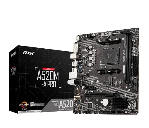 MSI A520M-A PRO Gaming Motherboard (AMD Ryzen 5000, AM4, DDR4, PCIe 3.0, SATA 6Gb/s, M.2, USB 3.2 Gen 1, DVI/HDMI, Micro-ATX)