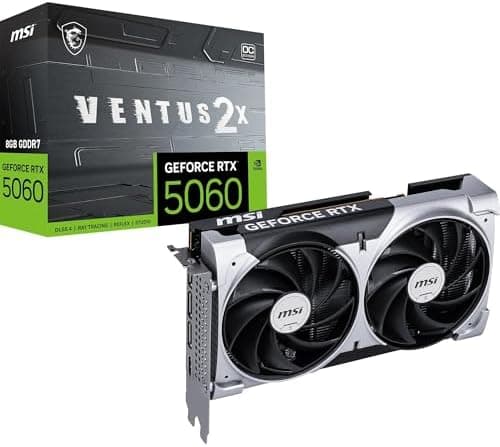 MSI GeForce RTX 5060 8G VENTUS 2X OC Graphics Card - RTX 5060 GPU, 8GB GDDR7 (28Gbps/128-bit), PCIe 5.0 - DUAL-Fan Thermal Design (2 x TORX FAN 5.0) - HDMI 2.1b, DisplayPort 2.1b