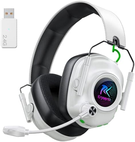 Krysenix Wireless Gaming Headset for PS5, PS4, PC, Switch, Mac, 2.4 GHz Wireless & Bluetooth 5.4 Gaming Headphones with Mic Noise Canceling, Gaming & Music Dual Mode, Foldable, 40H Battery,White