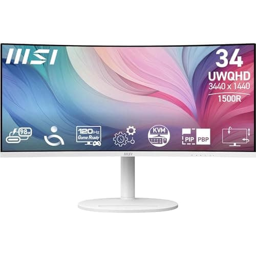 MSI Modern MD342CQPW 34 Inch UWQHD 1500R Curved Monitor - 3440 x 1440 VA Panel, KVM, PIP/PBP, Wide Color Gamut, Eye-Friendly Screen, Built-i