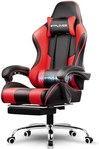 GTPLAYER Gaming Chair, Massage Computer Chairs with Footrest, Headrest and Lumbar Support Height Adjustable Ergonomic 360°-Swivel PC Chair Red