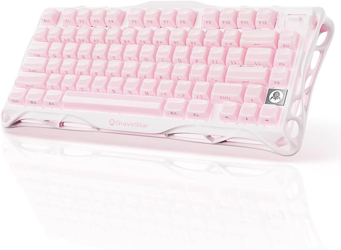 GravaStar Mercury,K1 75% Pink Wireless Mechanical Gaming Keyboard, Aluminum Alloy Exoskeleton Design, Gasket Custom Keyboard Hot-Swap Socket, Linear Switches, RGB Backlit -Sakura Pink