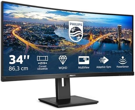 Philips 345B1C - 34 inch Curved WQHD Monitor, 100Hz, 4ms, VA, Speakers, Height Adjust, Power Sensor, USB Hub (3440 x 1440 WQHD, 300 cd/m², HDMI/DP/USB-B/USB 3.2)