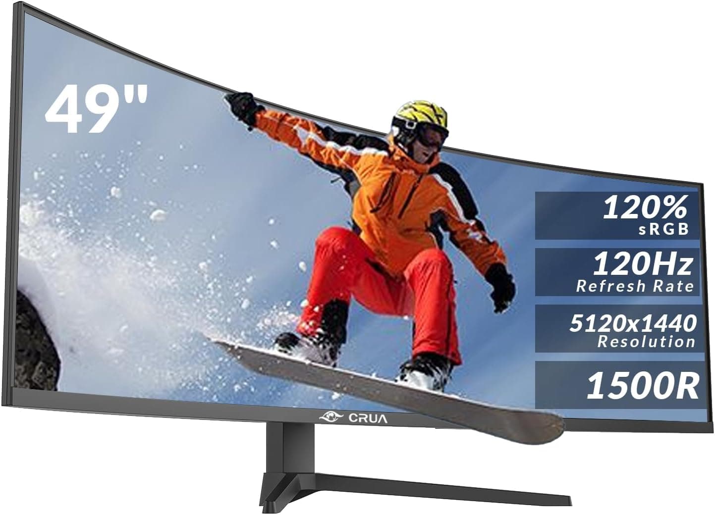 CRUA 49 Inch Curved Gaming Monitor, DQHD 5120 x 1440, 120Hz, 1500R, 32:9 UltraWide, AMD FreeSync, 120% sRGB, Height Adjustable, HDMI 2.1 & DP 1.4, Black