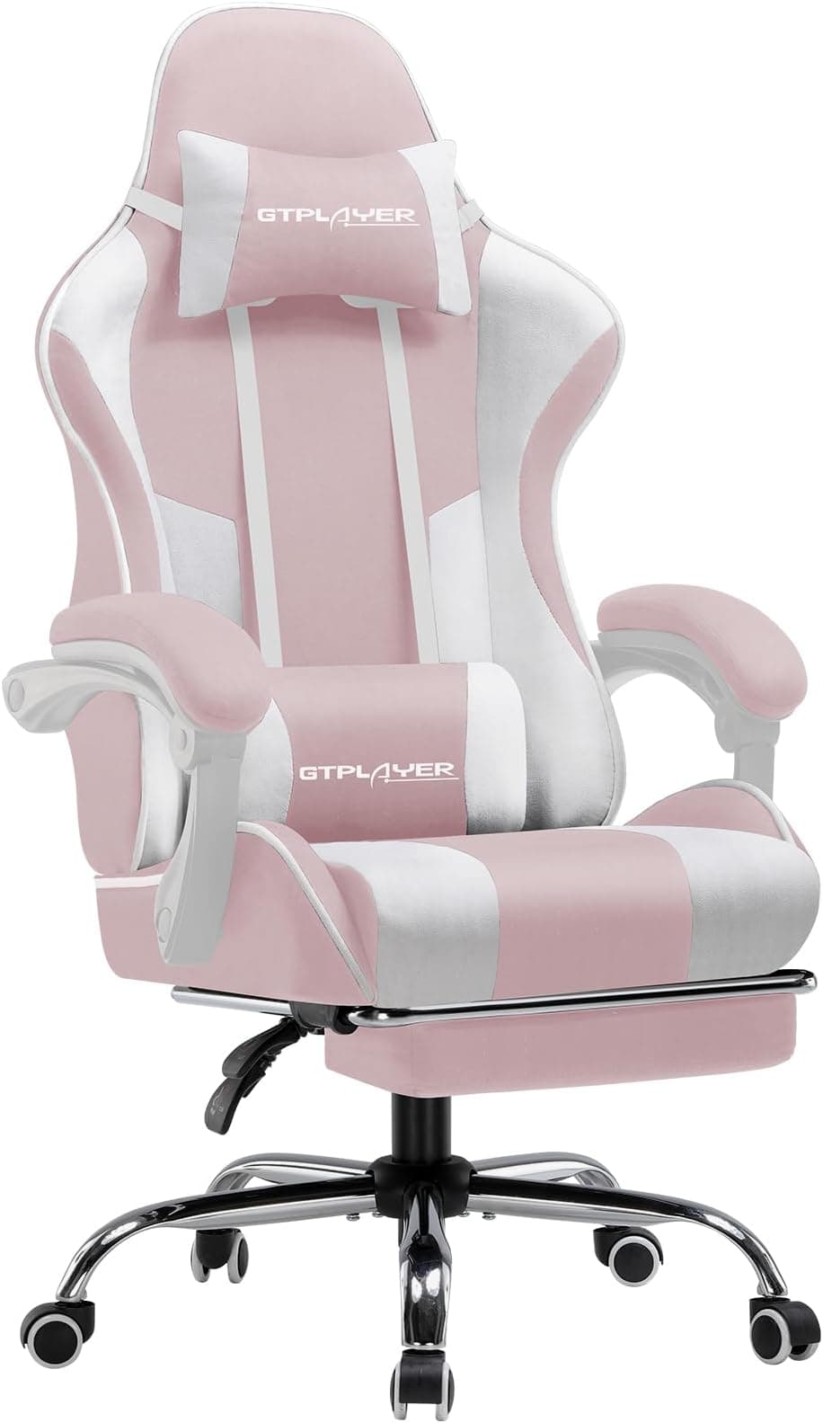 GTPLAYER Fabric Gaming Chair, Massage Ergonomic Computer Chair with Footrest, Lumbar Support, Headrest, Height Adjustable Home Office Reclining PC Racing Chairs Pink