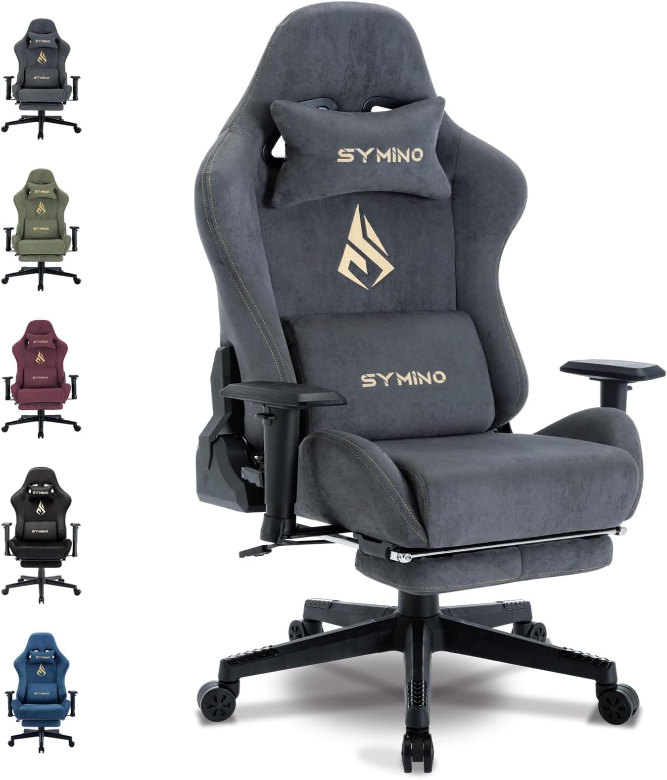 Symino Gaming Chair, Computer Chair with Footrest, Headrest and Lumbar Support, Ergonomic PC Chair, Height Adjustable Rotating Task Chairs, Gray
