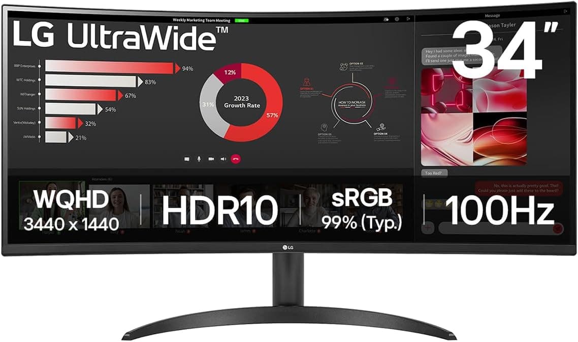 LG UltraWide Curved PC Monitor 34WR50QK, 34 inch, 1440p, 100Hz, 5ms Response Time, VA Panel, Smart Energy Saving, Displayport, HDMI