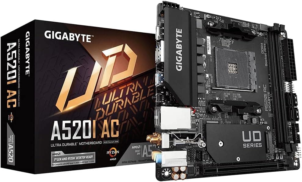 Gigabyte A520I AC Motherboard - Supports AMD Ryzen 5000 Series AM4 CPUs, 6 Phases Digital VRM, up to 5300MHz DDR4 (OC), 1xPCIe 3.0 M.2, WIFI, GbE LAN, USB 3.2 Gen1