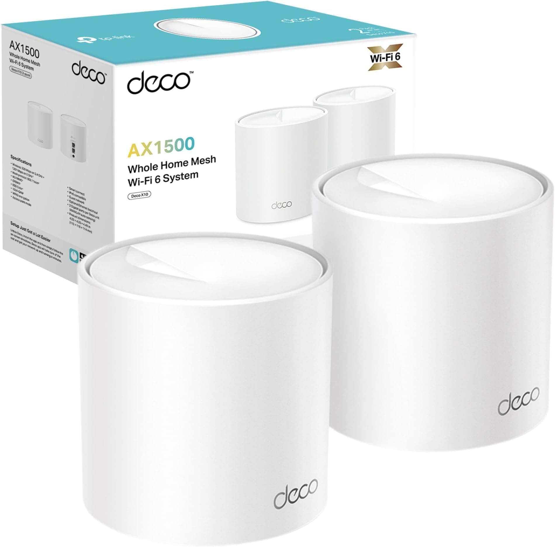 TP-Link Deco X10(2-pack) AX1500Mbps Whole Home Dual-Band Mesh WiFi 6 System, AI-Driven WiFi Extender Booster, 2x Gigabit Ports, Coverage up to 3900ft²,Connect up to 120 devices, Gaming&4K, Easy Setup