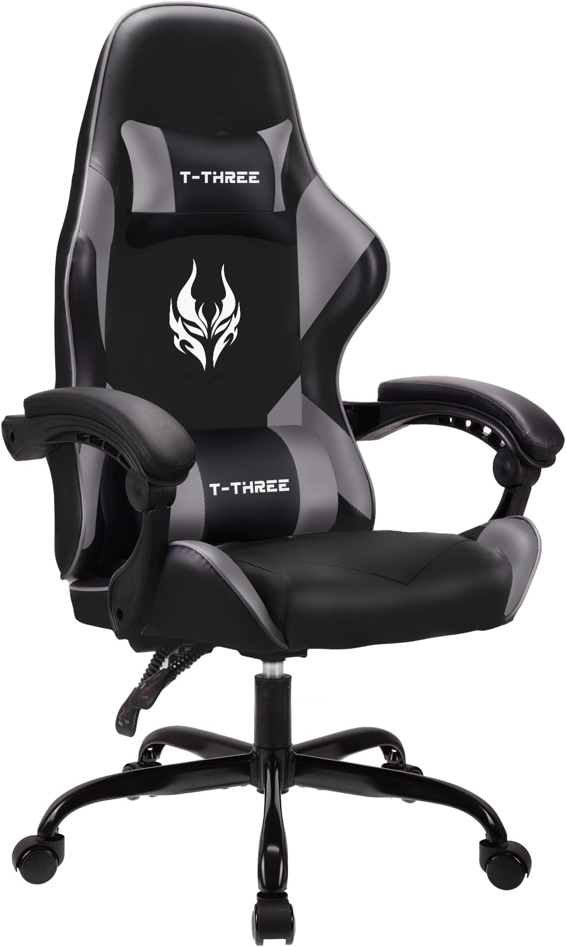 T-THREE.Ergonomic high-back gaming, computer, office, study, swivel, and racing-style chair with adjustable lumbar and headrest support, 150kg weight capacity, ideal for home office(Gray)