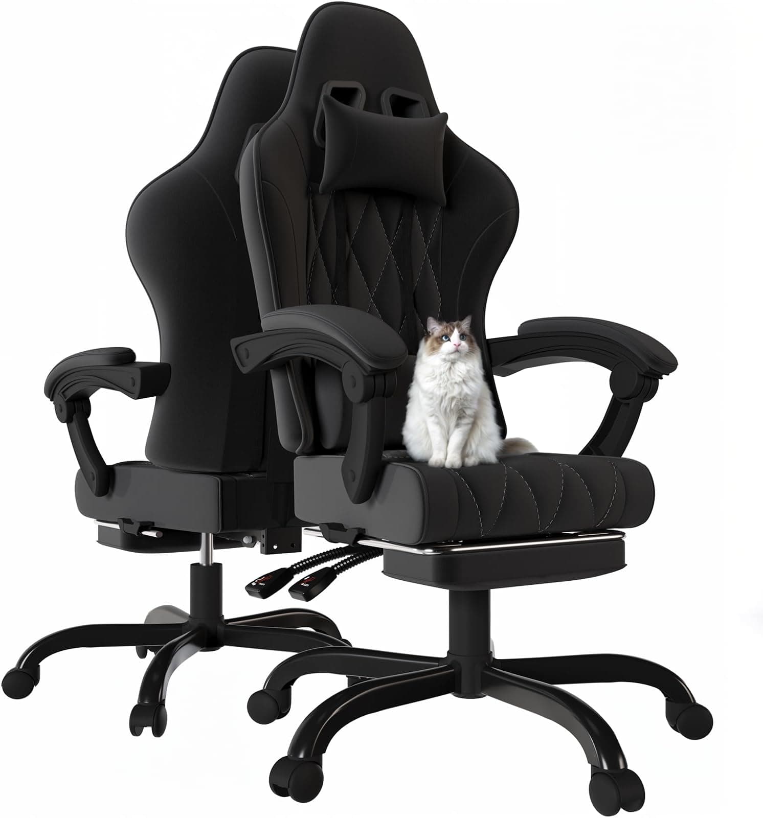 JUMMICO Fabric Gaming Chair with Footrest – Ergonomic Reclining Gamer Chair for Adults with Pocket Spring Cushion, Headrest & Massage Lumbar Support, Black