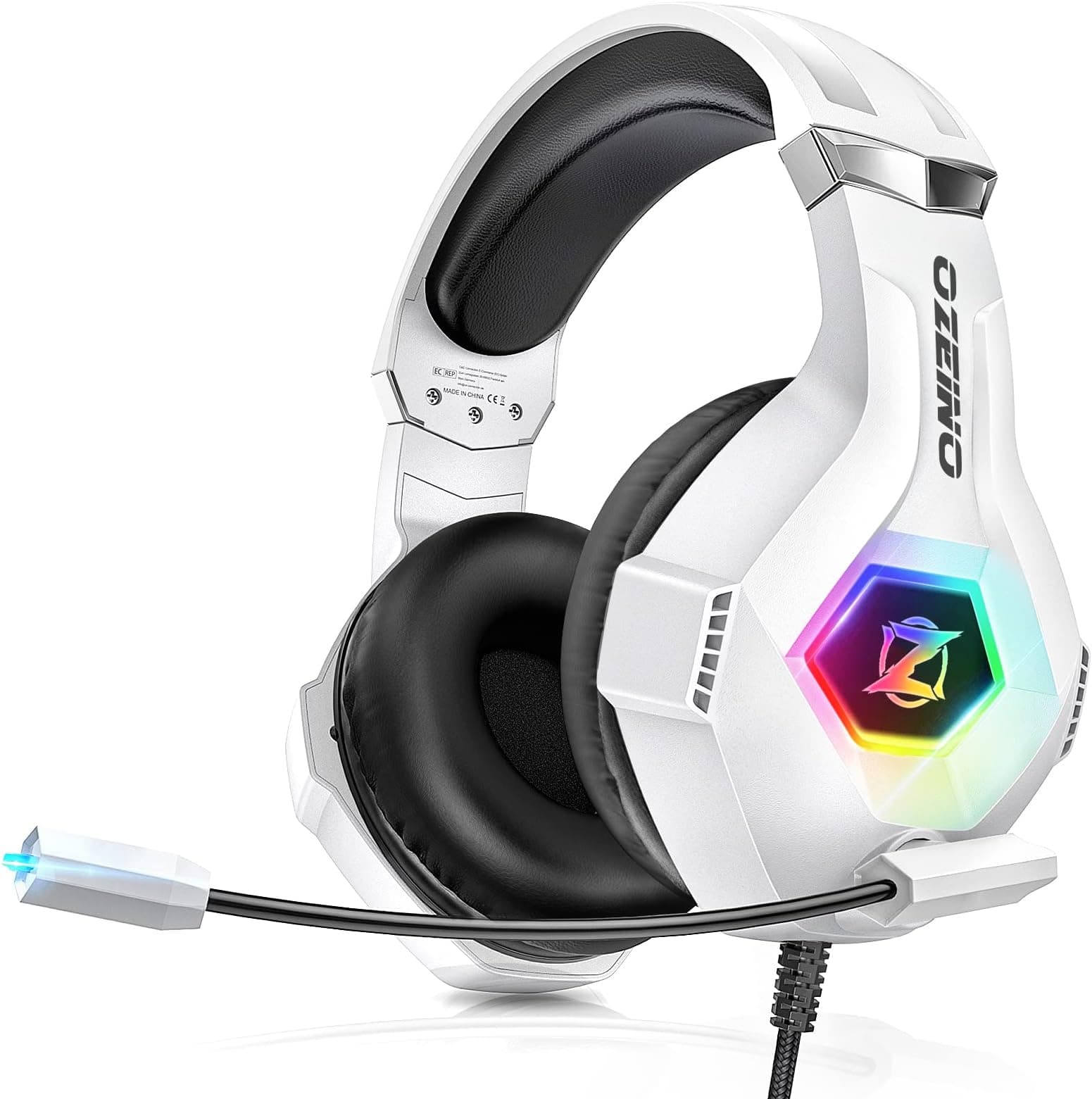 Ozeino Gaming Headset for PS5 PS4 PC, Over-Ear Headphones with Surround Sound & RGB Light for Xbox one Switch Mac Laptop (white)