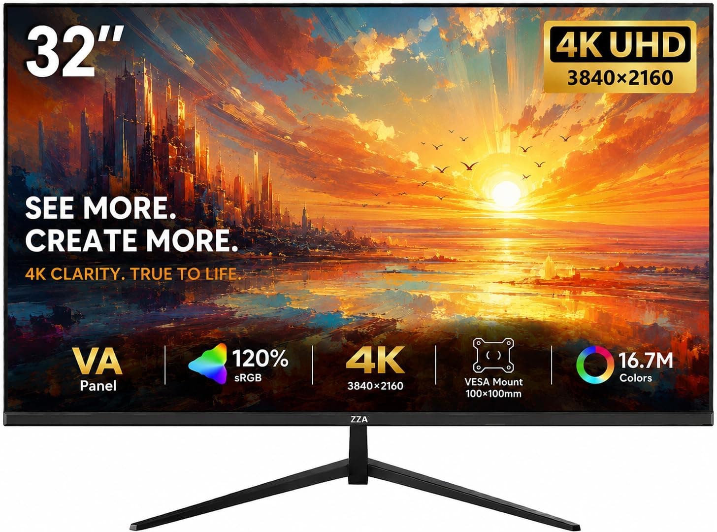 ZZA 32 Inch 4K UHD PC Monitor, 3840×2160, 60Hz, HDR10, FreeSync, VA Panel