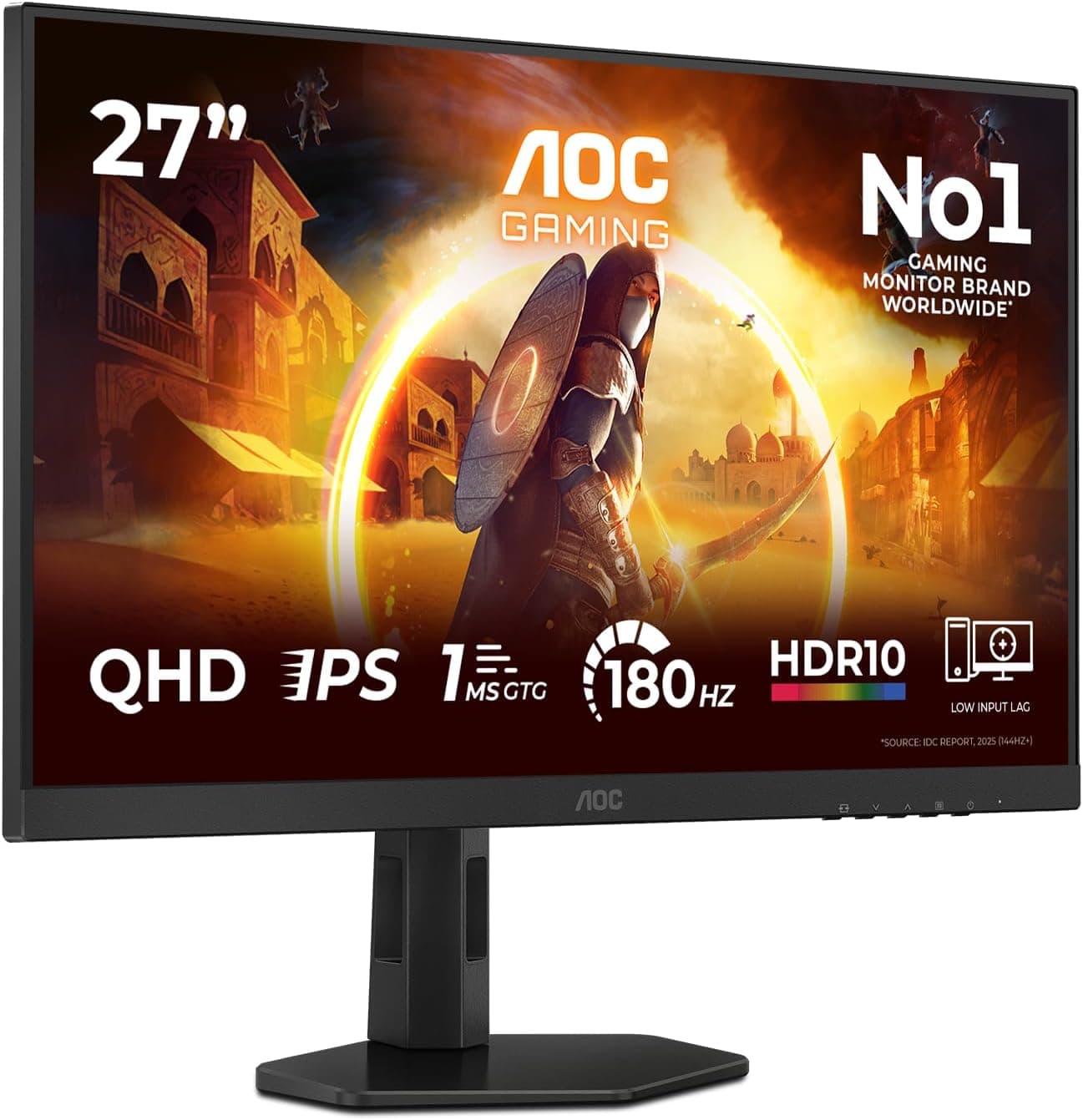AOC Q27G4XFAD 27 inch WQHD Gaming Monitor 180Hz, Fast IPS Panel, 1ms GtG, HDR10, G-Sync Compatible, Height Adjustment, (2560x1440 HDMI 1x 2.0 DP 1x 1.4) Black