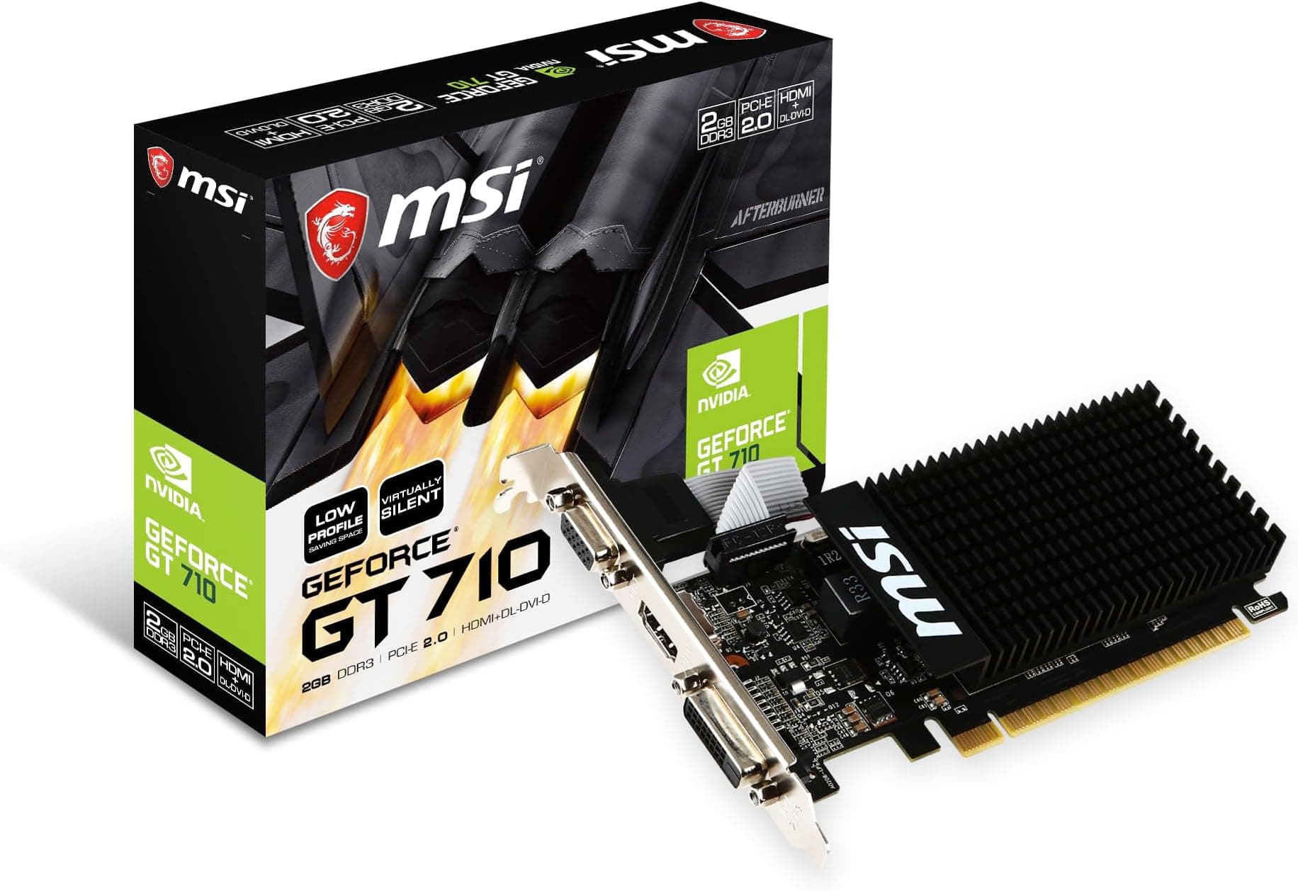 MSI GeForce GT 710 2GD3H LP Graphics Card '2GB DDR3, 954MHz, Low Profile, Low Consumption, VGA, DVI-D, HDMI, HTPC, Silent Passive Fanless Cooling System'