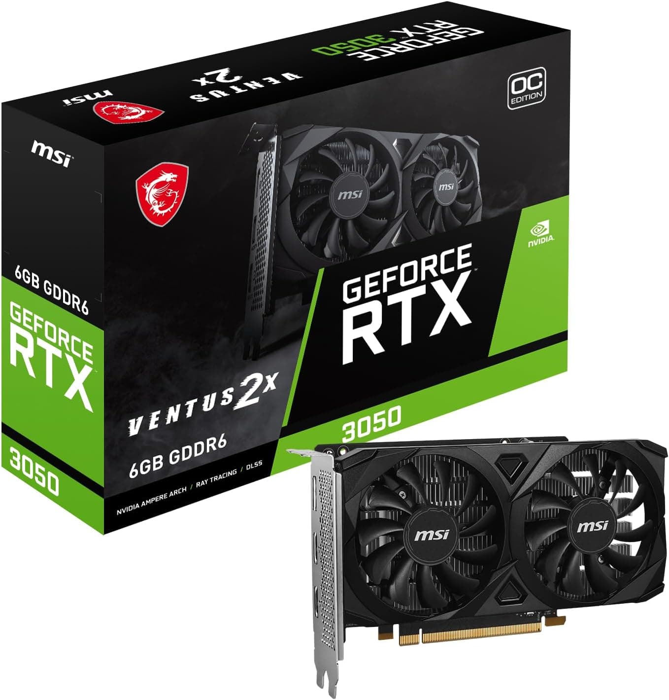 MSI GeForce RTX 3050 VENTUS 2X E 6G OC Gaming Graphics Card - 6GB GDDR6, 1492 MHz, PCI Express Gen 4, 96-bit, 1x DP (v1.4a), 2x HDMI 2.1 (Supports 4K)