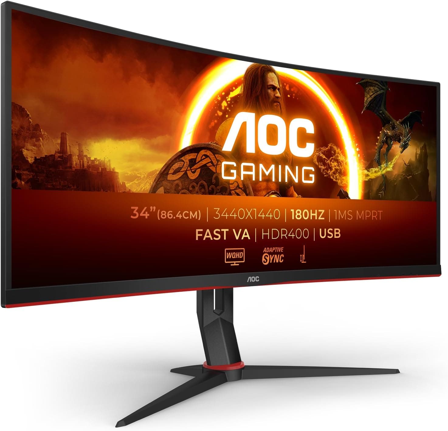 AOC Gaming CU34G2XPD - 34 inch WQHD curved monitor, 180 Hz, 1ms, FreeSync Premium (3440x1440, HDMI, DisplayPort, USB Hub) black/red