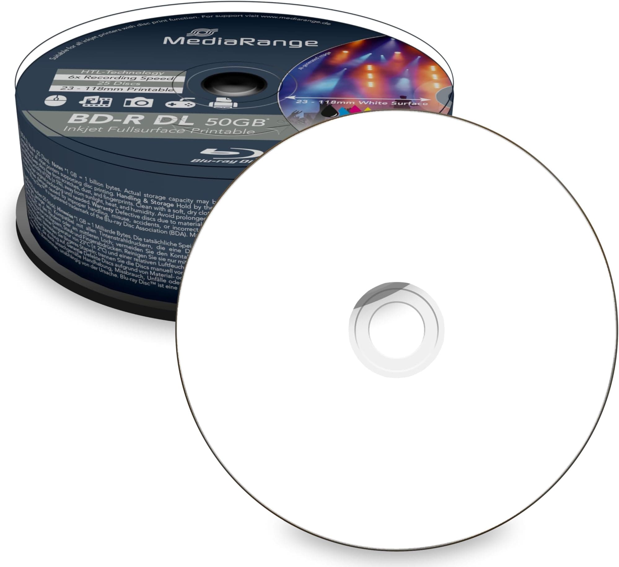 MediaRange BD-R Dual Layer 50GB 6x Write Speed, Full Surface Printable, Cake Box of 25