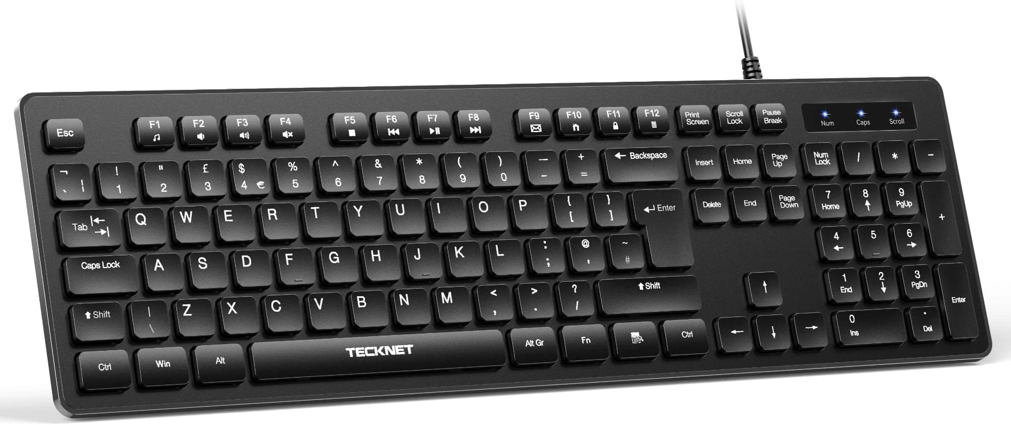TECKNET Wired USB Keyboard, Full-Size Silent Office Keyboard with Numeric Keypad, Spill-Resistant Design, QWERTY UK Layout, Compatible with PC Laptop Desktop Windows/Mac – Black