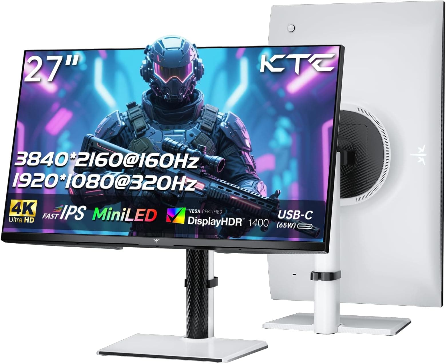 KTC MiniLED Gaming Monitor 27 Inch | 4K@160Hz, FHD@320Hz Seamless Switching | 1152 Zoll Local Dimming | VESA Display HDR1400 | 1ms Response Time | Adaptive Sync | 145% sRGB | KVM | White | M27P6