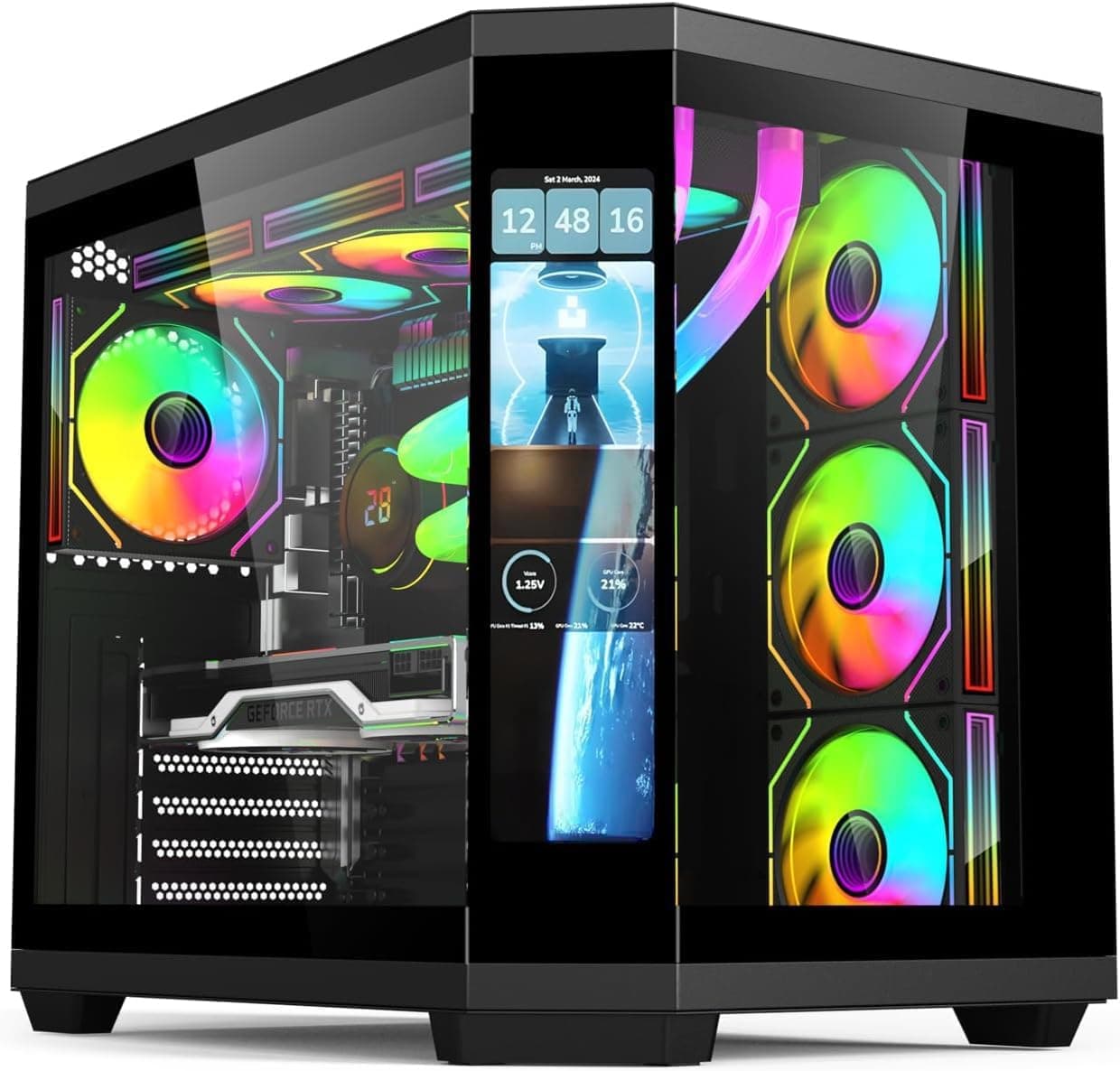 PC Case - Gaming | IONZ APEX Vision - ATX Mid Tower, Dual Chamber with 4 ARGB PWM Fans - LCD Screen | Black