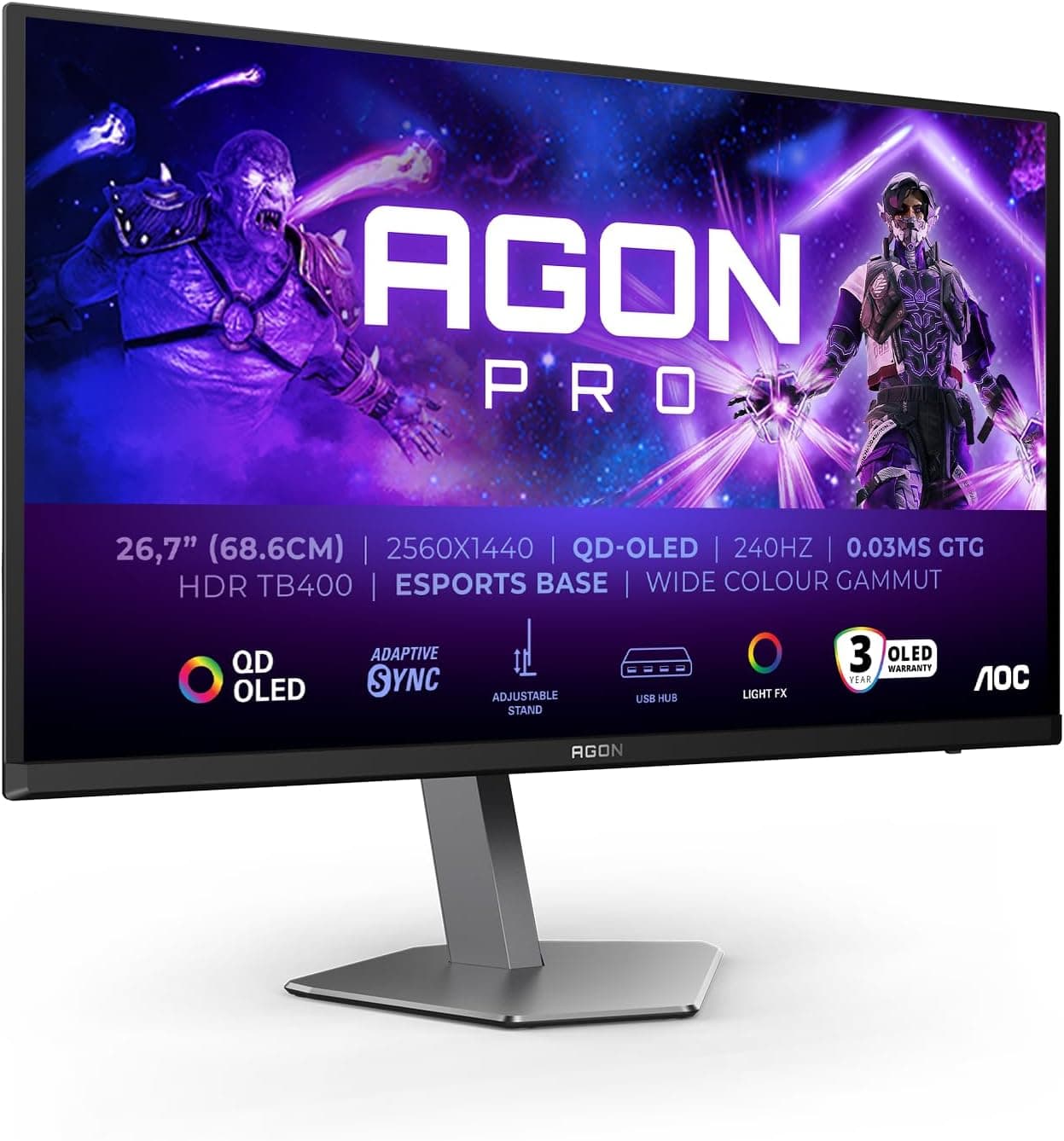 AOC AG276QZD2AM 27" WQHD Gaming Monitor 240Hz, QD-OLED Panel, 0.03ms GtG, HDR400 TB, FreeSync Prem. Pro, G-Sync Comp., Height Adjustment, Speakers, (2560x1440 HDMI 2x 2.0 DP 2x 1.4 USB Hub) Black