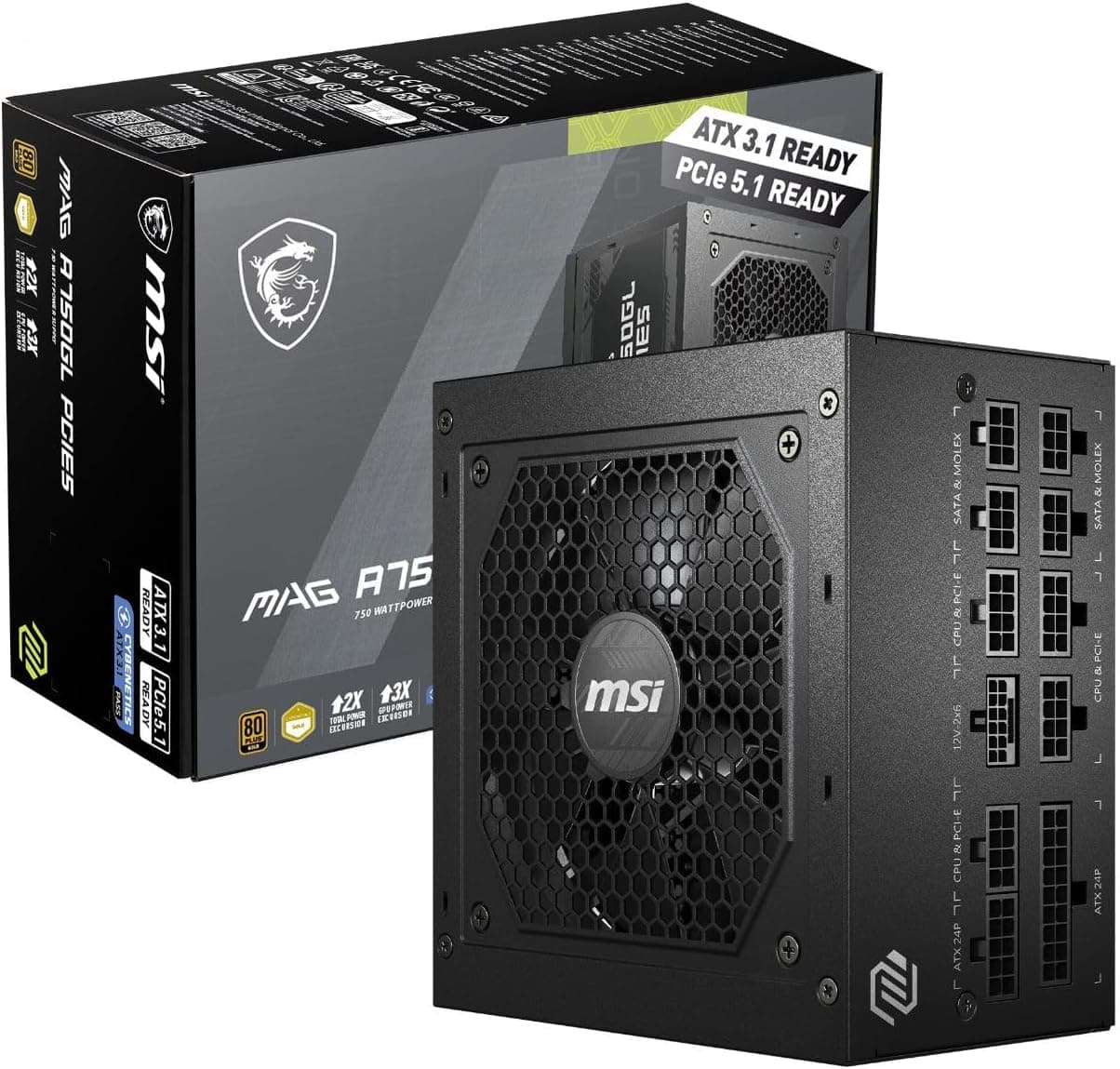 MSI MAG A750GL PCIE5 Power Supply Unit, 750W, 80 Plus Gold, Fully Modular, ATX 3.0, PCIe 5.0 GPU Support, Black Flat Cables, 7 Year Warranty