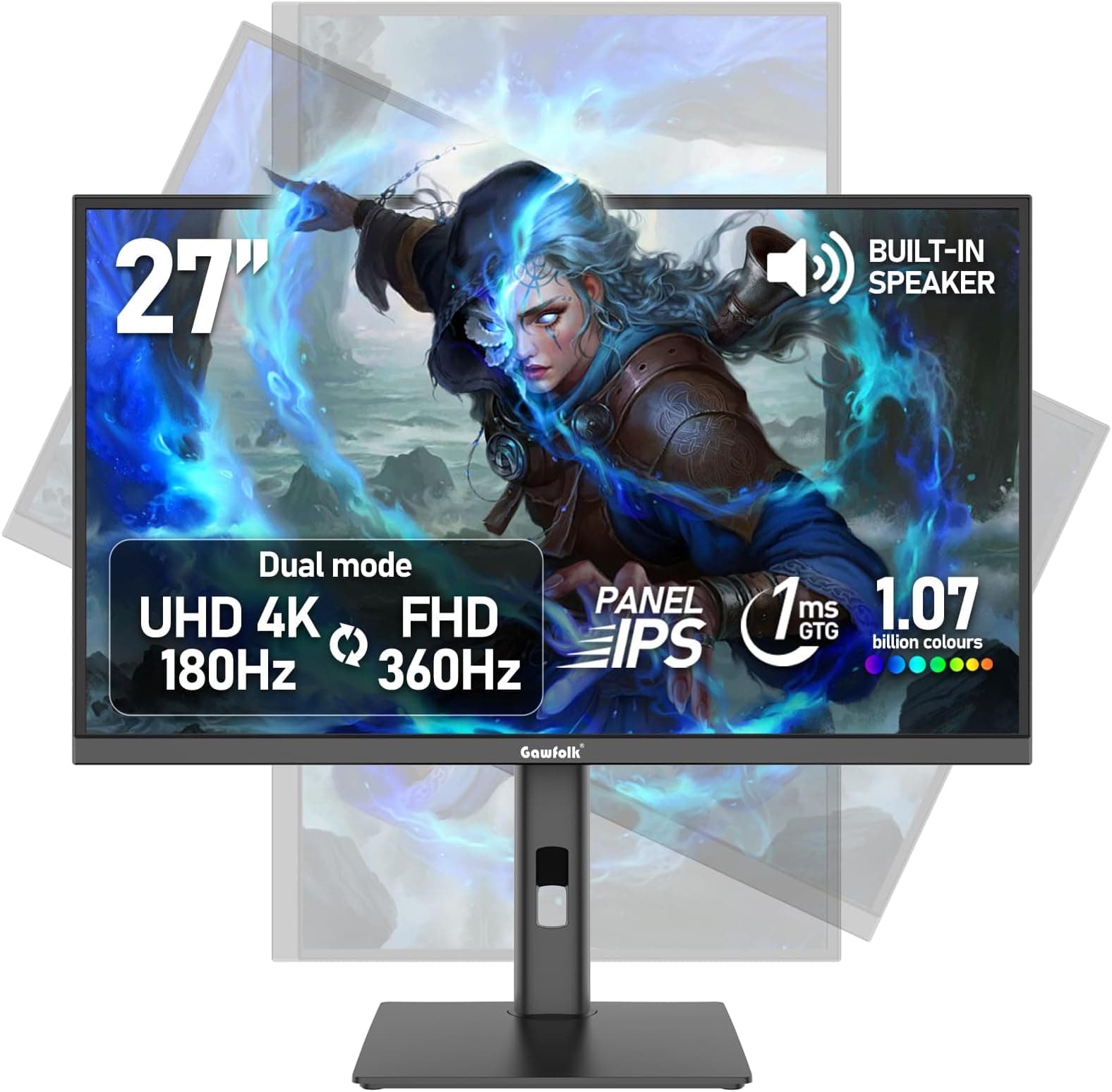 Gawfolk 27 inch IPS Gaming Computer Monitor, UHD 3840x2160 4K 180Hz / FHD 360Hz Dual Mode PC Screen, 1.07 billion colours, Adaptive Sync, Height Adjustable,Built-in speaker, HDMI 2.1 & DP1.4,Black