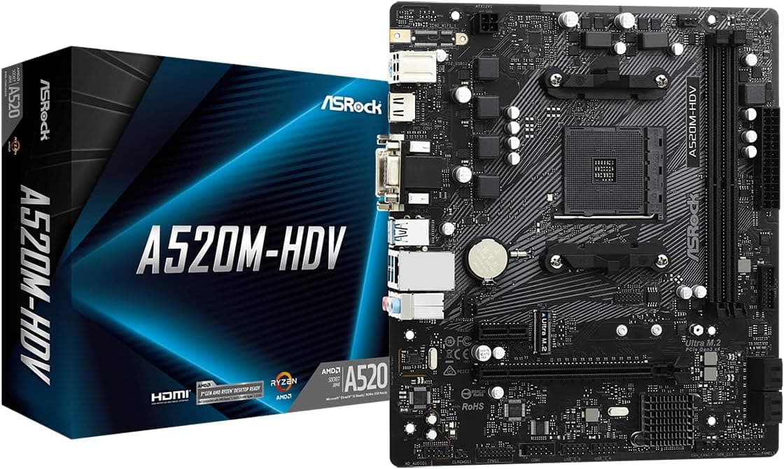 Asrock A520M-HDV, AMD A520, AM4, Micro ATX, 2 DDR4, VGA, DVI, HDMI, M.2