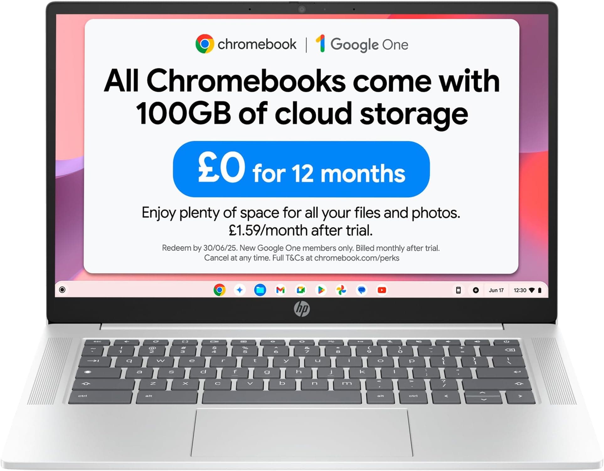 HP Chromebook 14" | Intel Processor N100 Processor| 4 GB RAM | 128 GB Flash Storage | Intel UHD Graphics | HD Display | Up to 12hrs battery | Chrome OS | Dual Speakers | Glacier Silver | 14a-nf0002sa