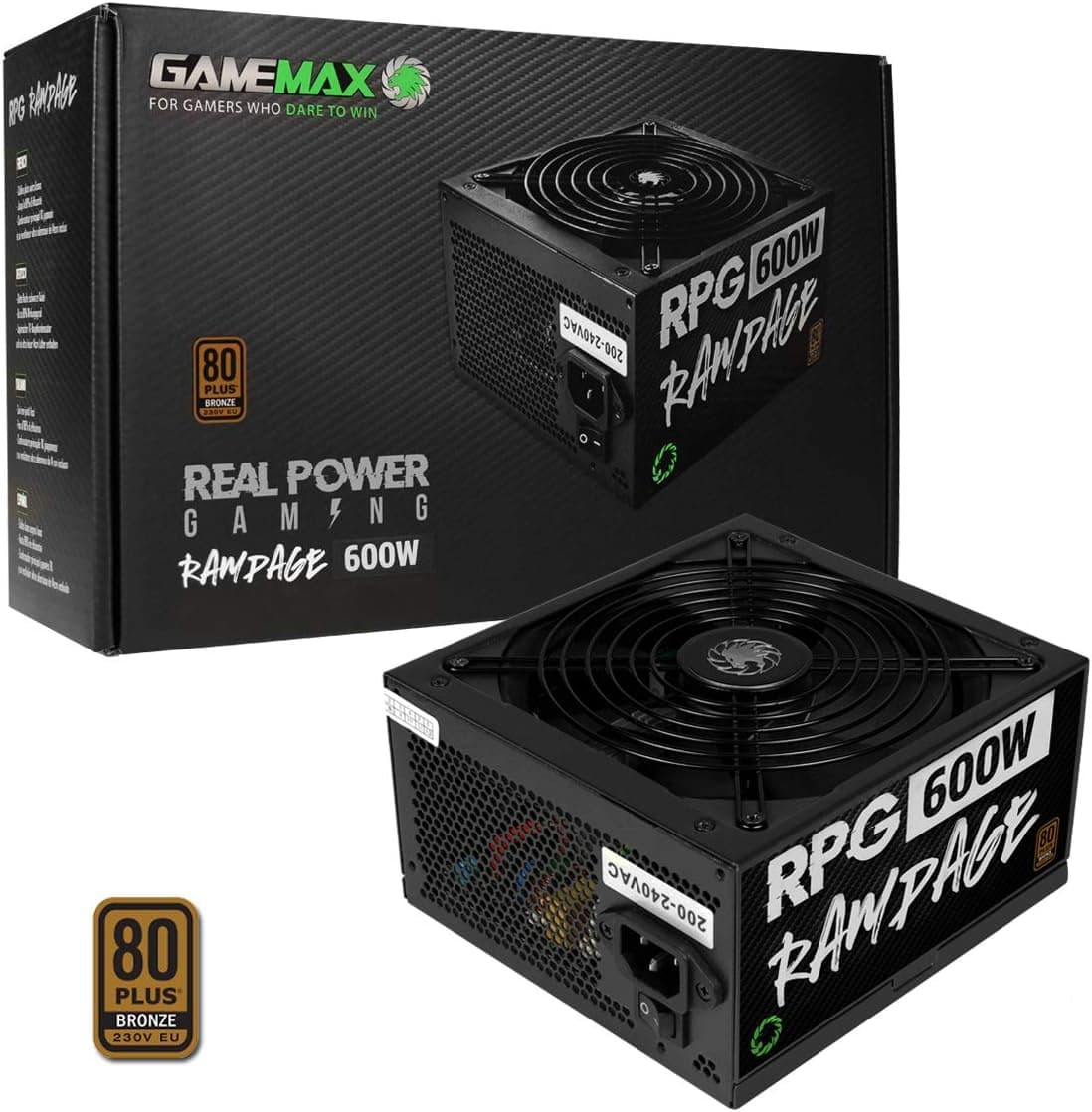 GameMax 600W Rampage Power Supply (No Power Cable inc.), Non-Modular, APFC, Japanese Tk Main Capacitor, 80 Plus Bronze, 88% Efficiency, 14cm Cooling Fan, Real Power Gaming | Black