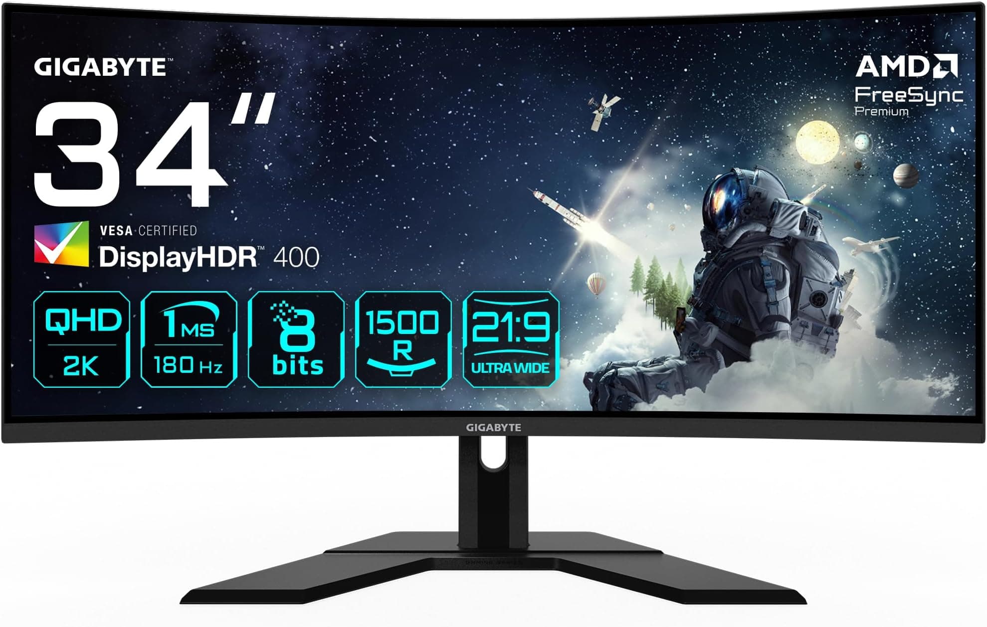 Gigabyte G34WQCP 34" WQHD Curved Gaming Monitor - 3440 x 1440, 1500R, 180Hz, 1ms, 350 cd/m2, AMD FreeSync Premium, DisplayHDR 400, HDMI 2.0, DisplayPort 1.4