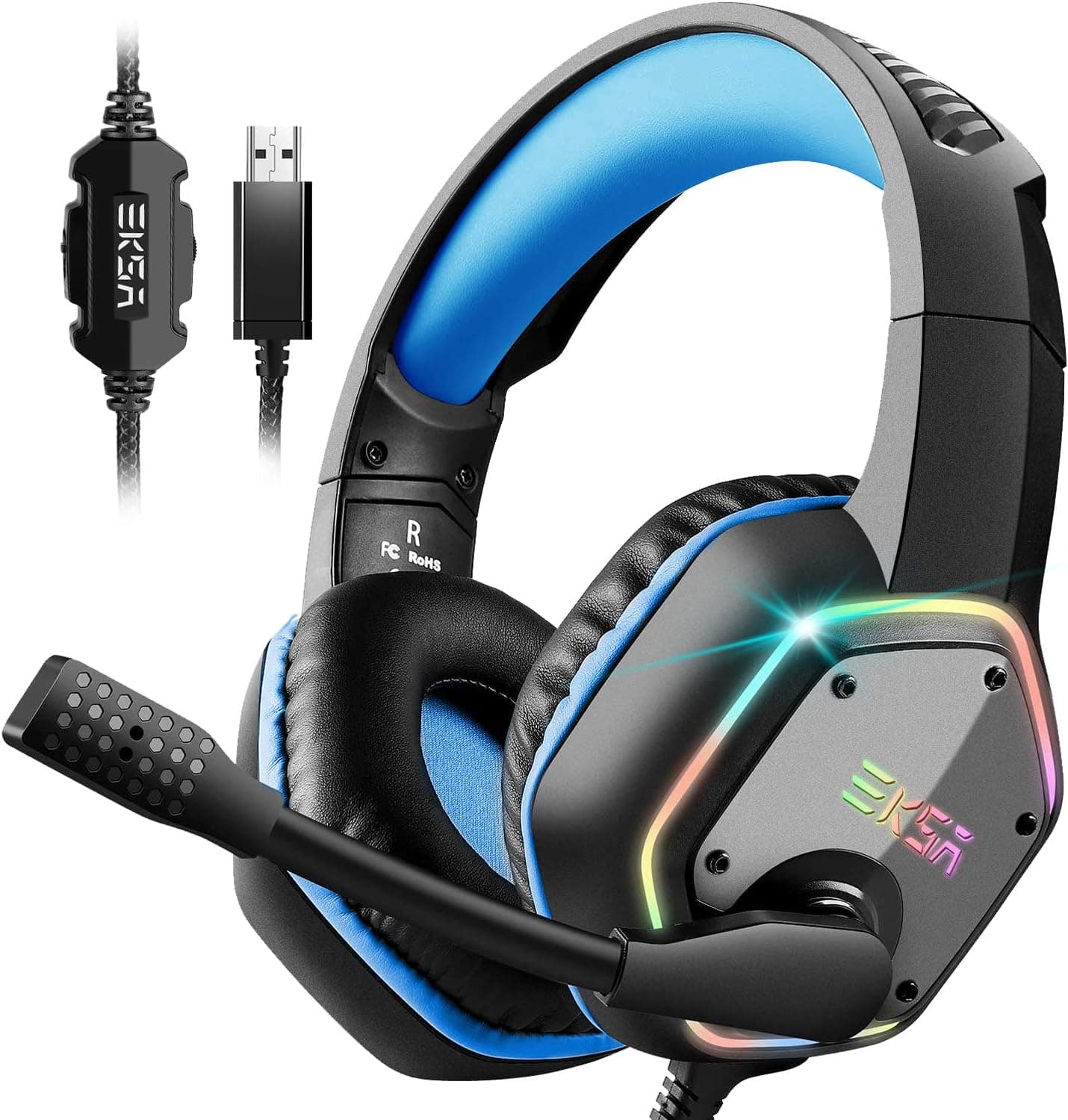 EKSA E1000 USB Gaming Headset for PC - Computer Headphones with Microphone/Mic Noise Cancelling, 7.1 Surround Sound Wired Headset & RGB Light - Gaming Headphones for PS4/PS5 Console Laptop (Blue)