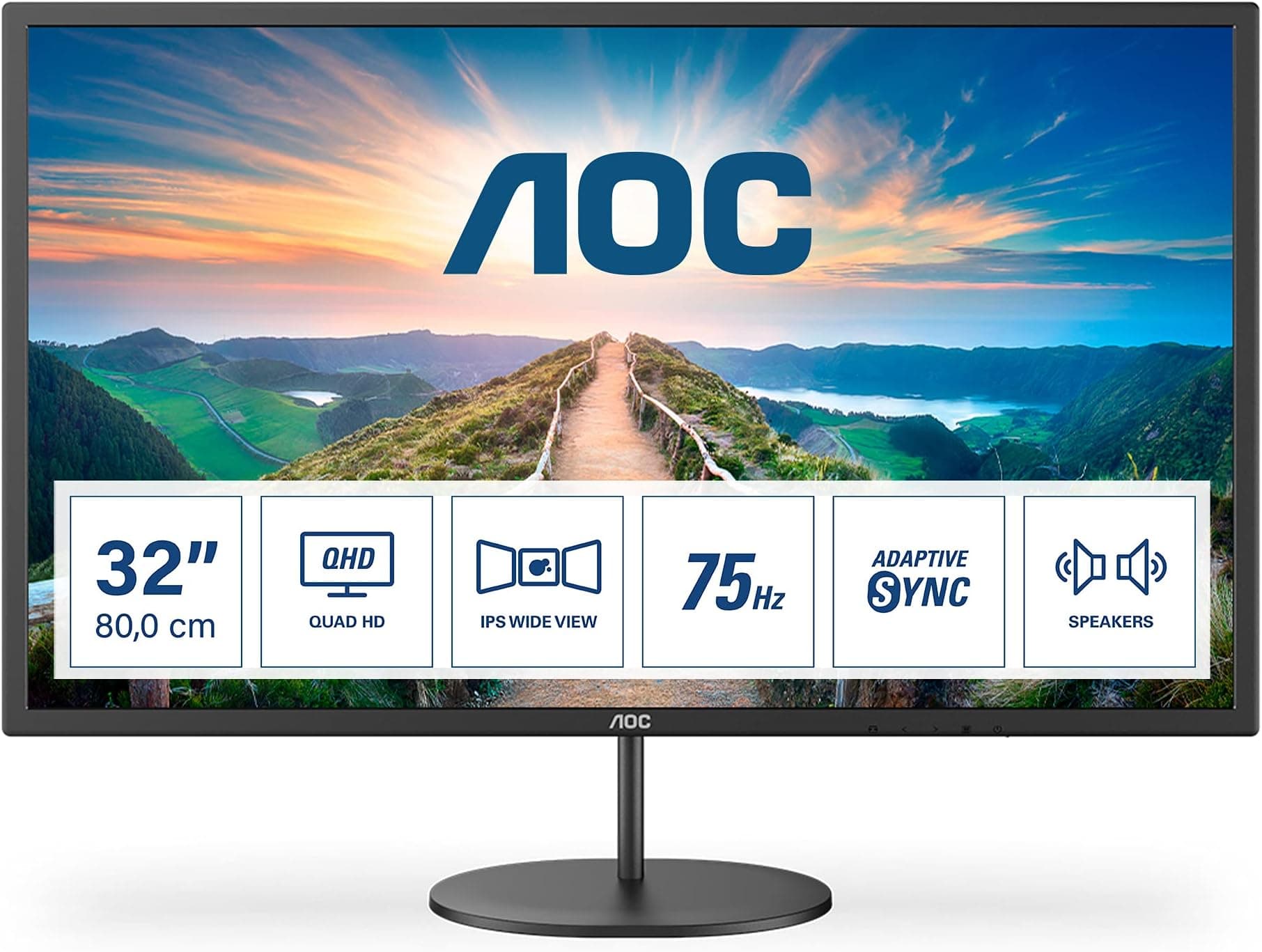 AOC Q32V4 32 inch WQHD Monitor 75Hz, IPS Panel, 4ms GtG, , Speakers, (2560x1440 HDMI 1x 1.4 DP 1x 1.2 ) Black