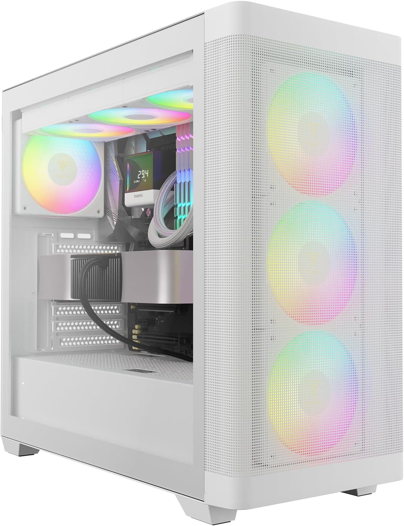 GAMDIAS ATHENA M3 WH Gaming EATX Mid Tower Computer PC Case, High Airflow Mesh Front, 4x120mm PWM ARGB Fans w/Hub, Tool-Free Tempered Glass Side Panel, Support Dual 360 & Gen 2 Type-C, MB Sync, White