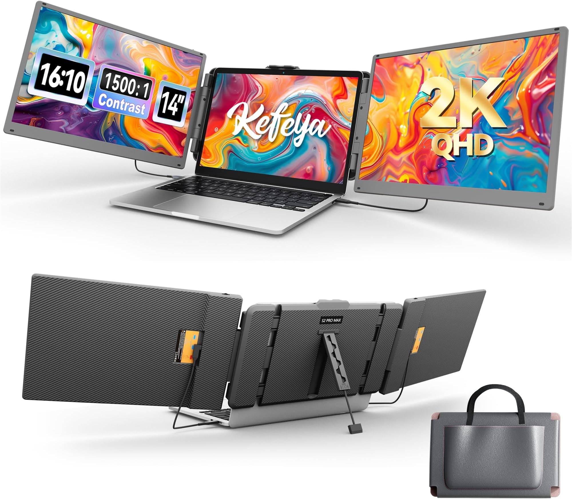 KEFEYA 2K Laptop Screen Extender, 14'' Portable Monitor for Laptop with 2160 x 1440P, Speakers & Kickstands, Plug & Play Dual Screen Monitor for 13-16.5" Laptops, for Mac, Wins, Android, Dex