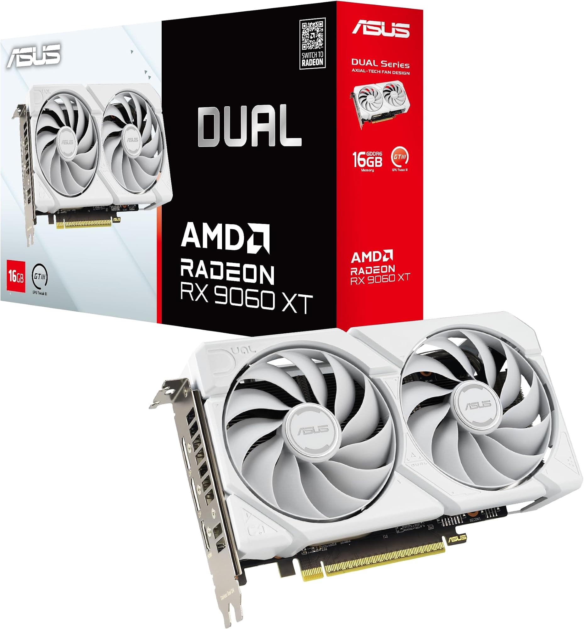 ASUS Dual Radeon™ RX 9060 XT 16GB GDDR6 White Edition (PCIe 5.0, 16gB GDDR6, HDMI 2.1b, DisplayPort 2.1a, 2.5-Slot Design, Axial-tech Fan Design, 0dB Technology, and More)