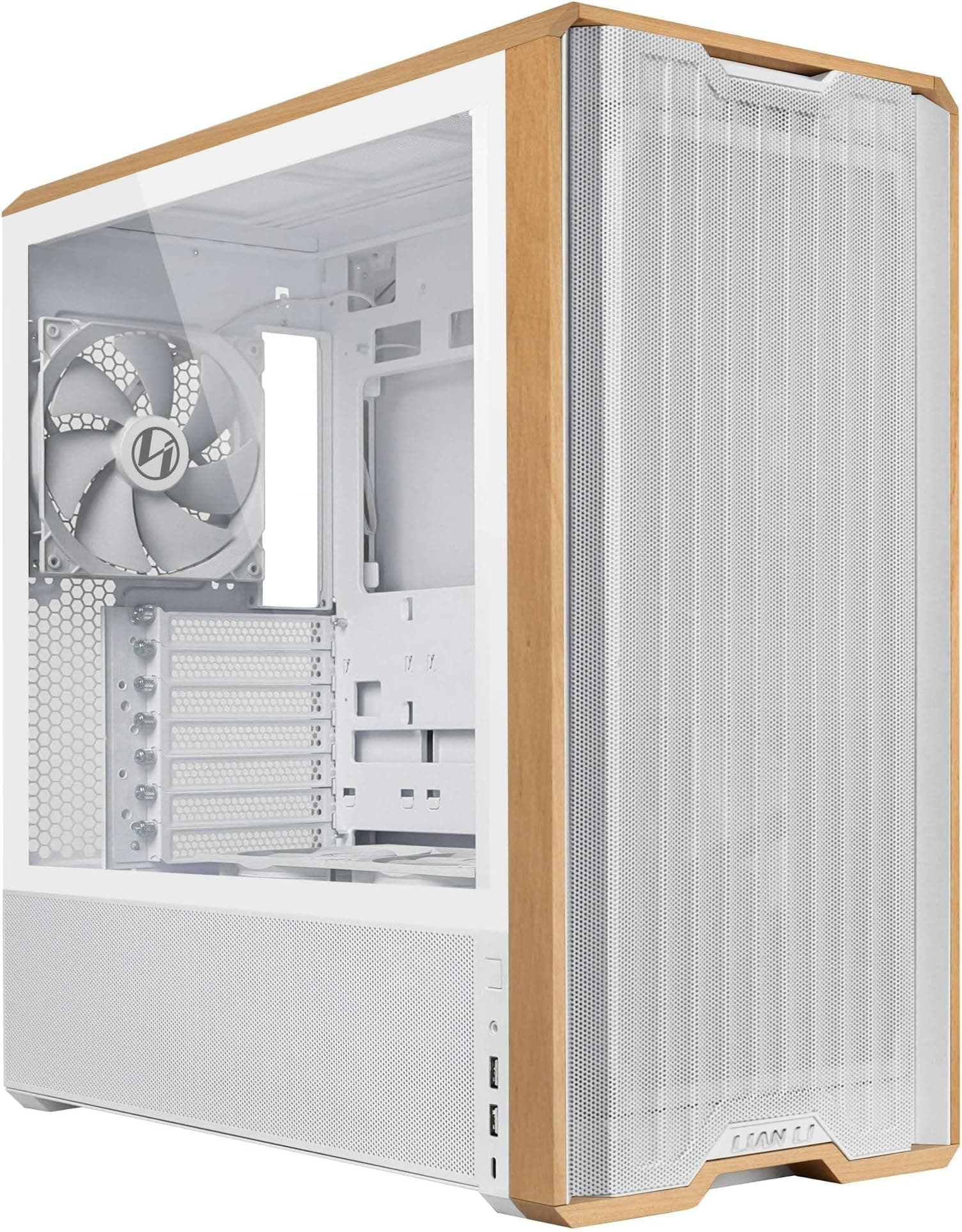 Lian Li Lancool 217 PC Case White | ATX Mid Tower, Tempered Glass, 5 Fans, Birch Wood Accents, Mesh Front, Back-Connect Compatible