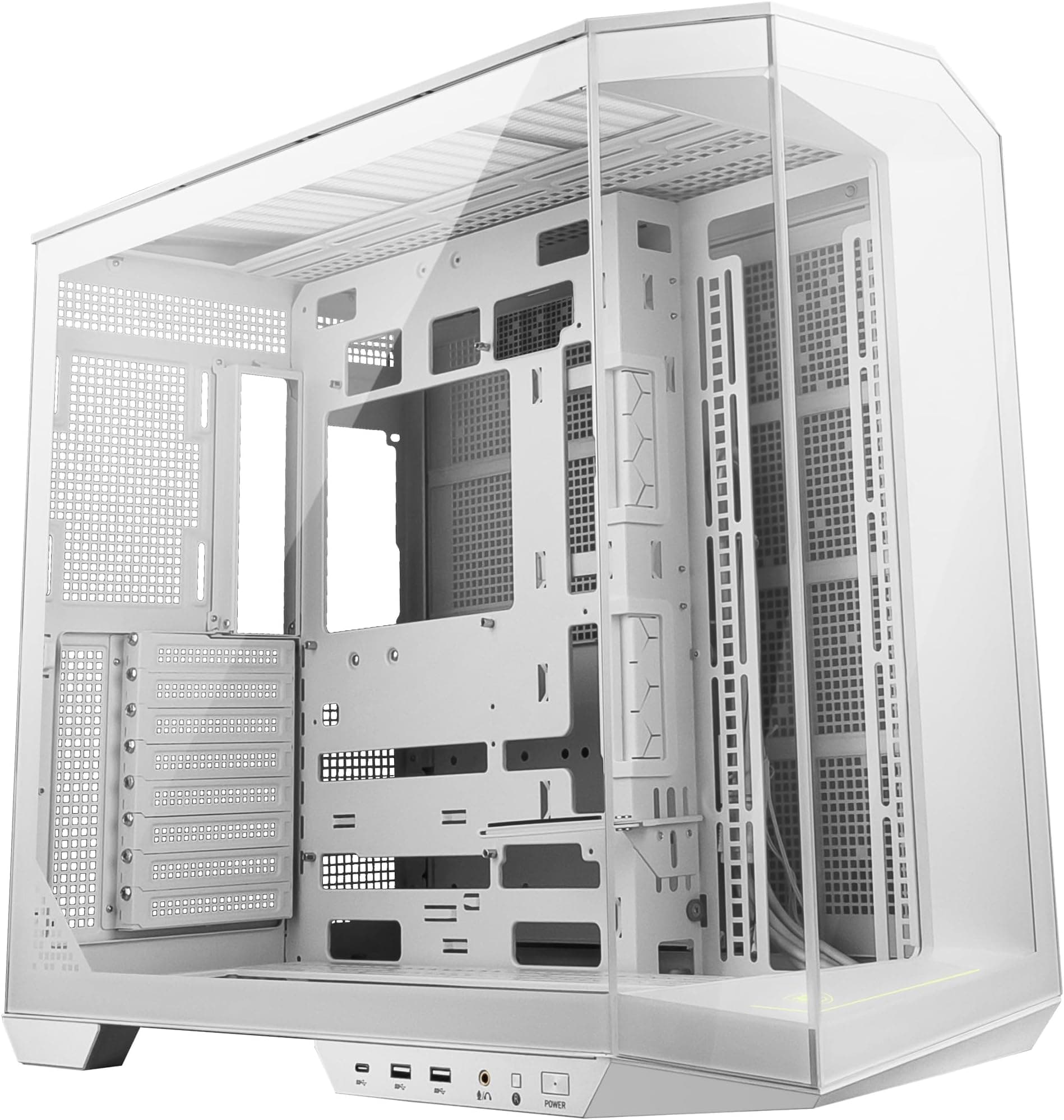 MSI MAG PANO 100L PZ WHITE ATX PC Case - ATX Capacity, Verical GPU Installation Bracket, GPU Holder, Dust Filters, Swinging Storage Bracket, Dual-chamber, USB 20Gbps Type-C