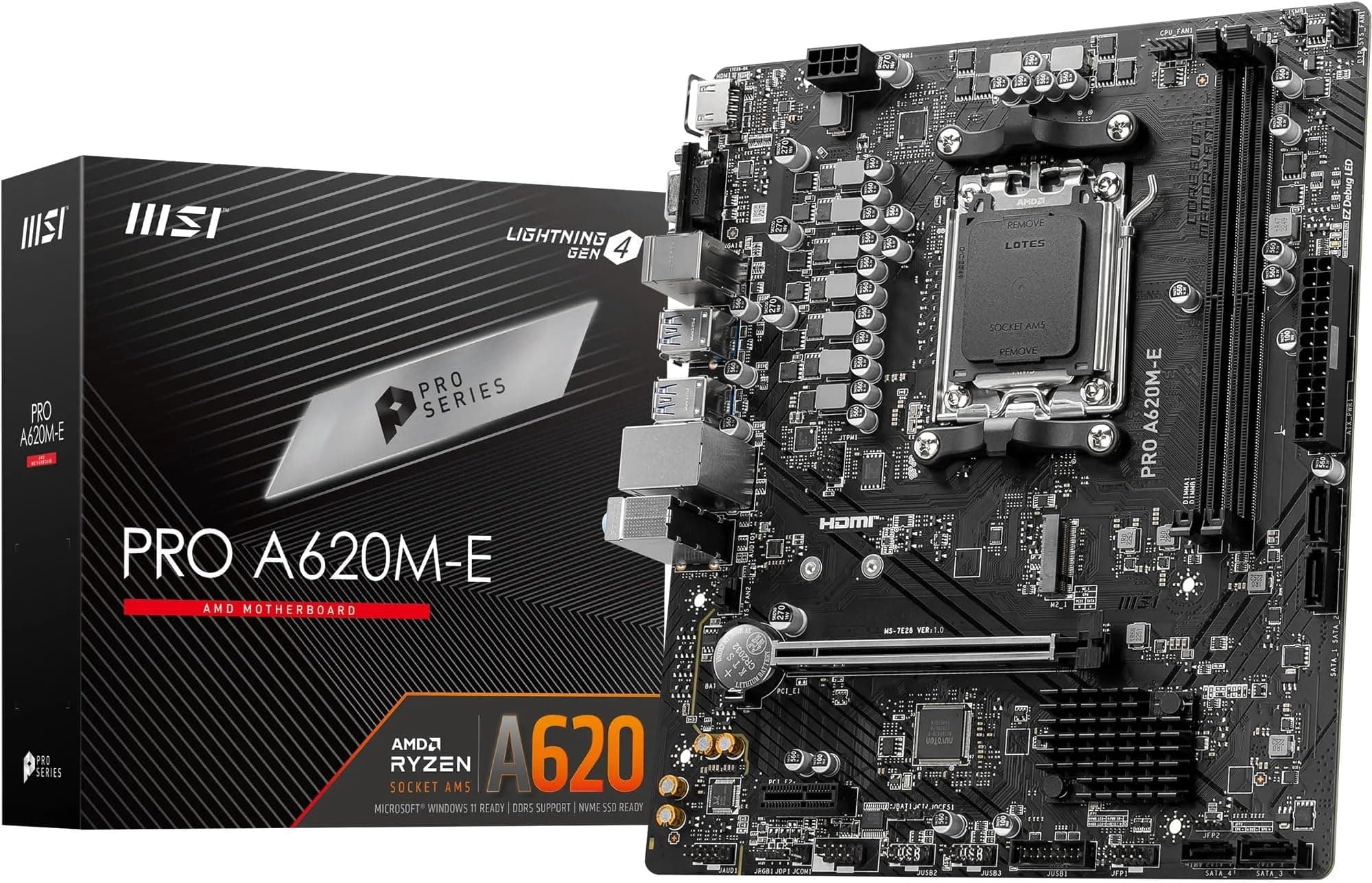 MSI PRO A620M-E Motherboard, Micro-ATX - Supports AMD Ryzen 9000/8000 / 7000 Series Processors, AM5 - DDR5 Memory Boost 6400+MHz/OC, 1 x PCIe 4.0 x16, 1 x M.2 Gen4