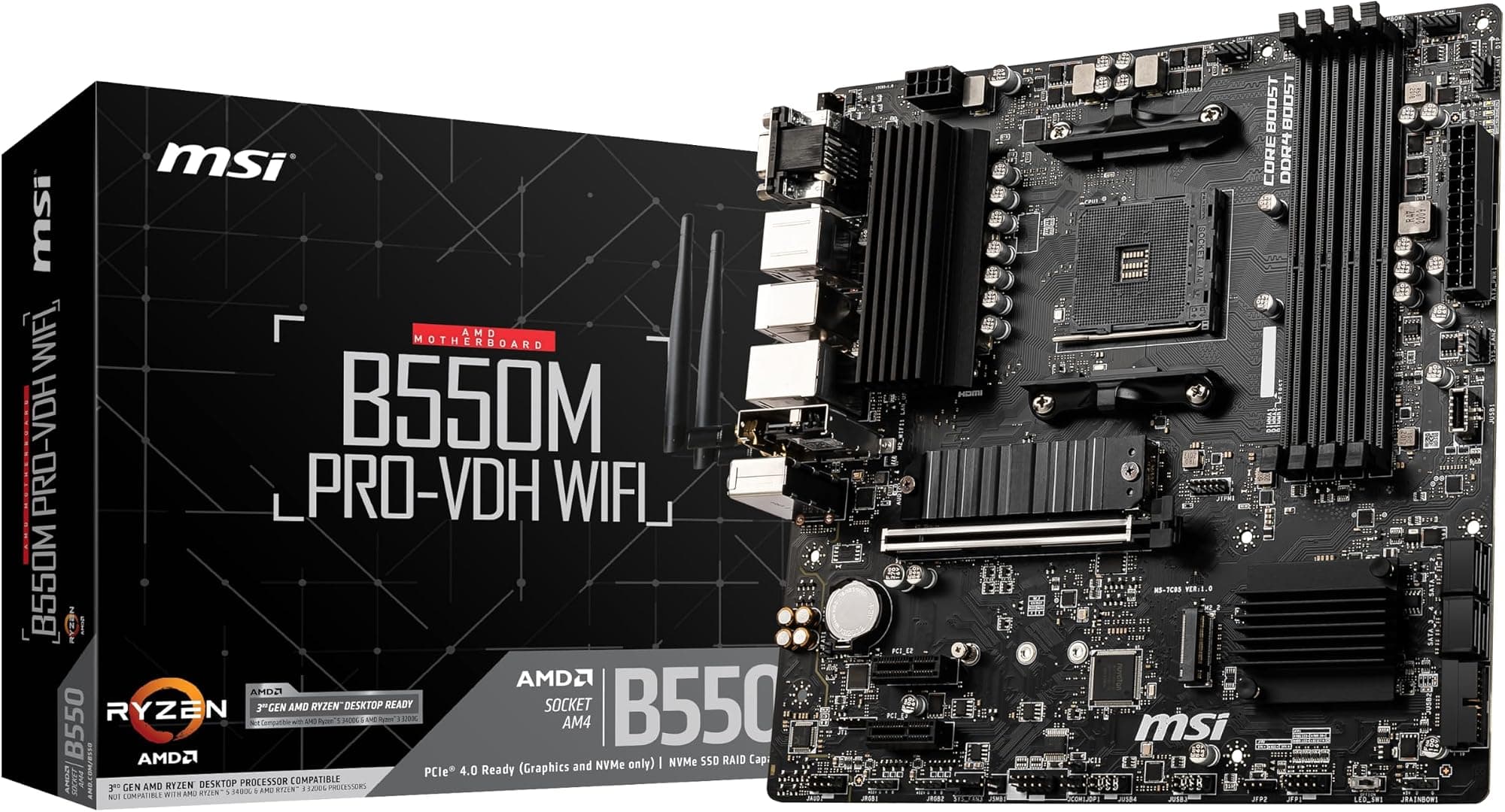MSI B550M PRO-VDH WIFI Motherboard M-ATX - Supports AMD Ryzen 5000 Series Processors, AM4, DDR4 Boost (4400MHz/OC), 1 x PCIe 4.0 x16, 3 x PCIe 3.0 x16, 1 x M.2 Gen4, 1 x M.2 Gen3, Gigabit LAN, Wi-Fi 6