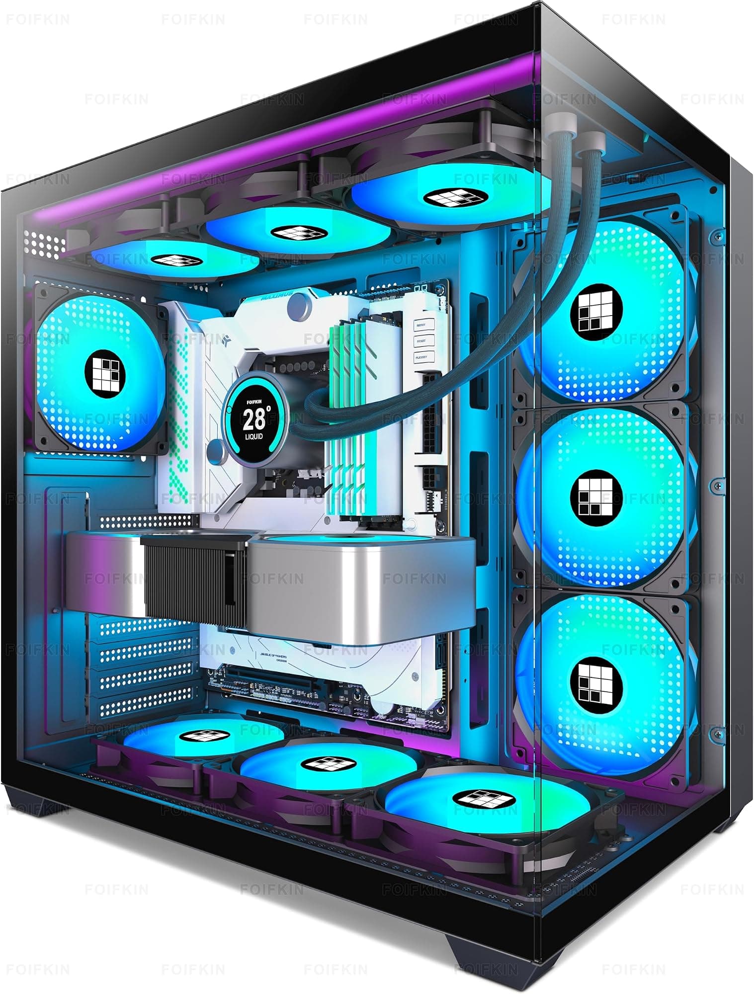 FOIFKIN F600 PC Case - Pre-Installed 7 PWM ARGB Fan, ATX Mid-Tower Gaming PC Case, 270° Panoramic Glass with Type-C (Black, F600)