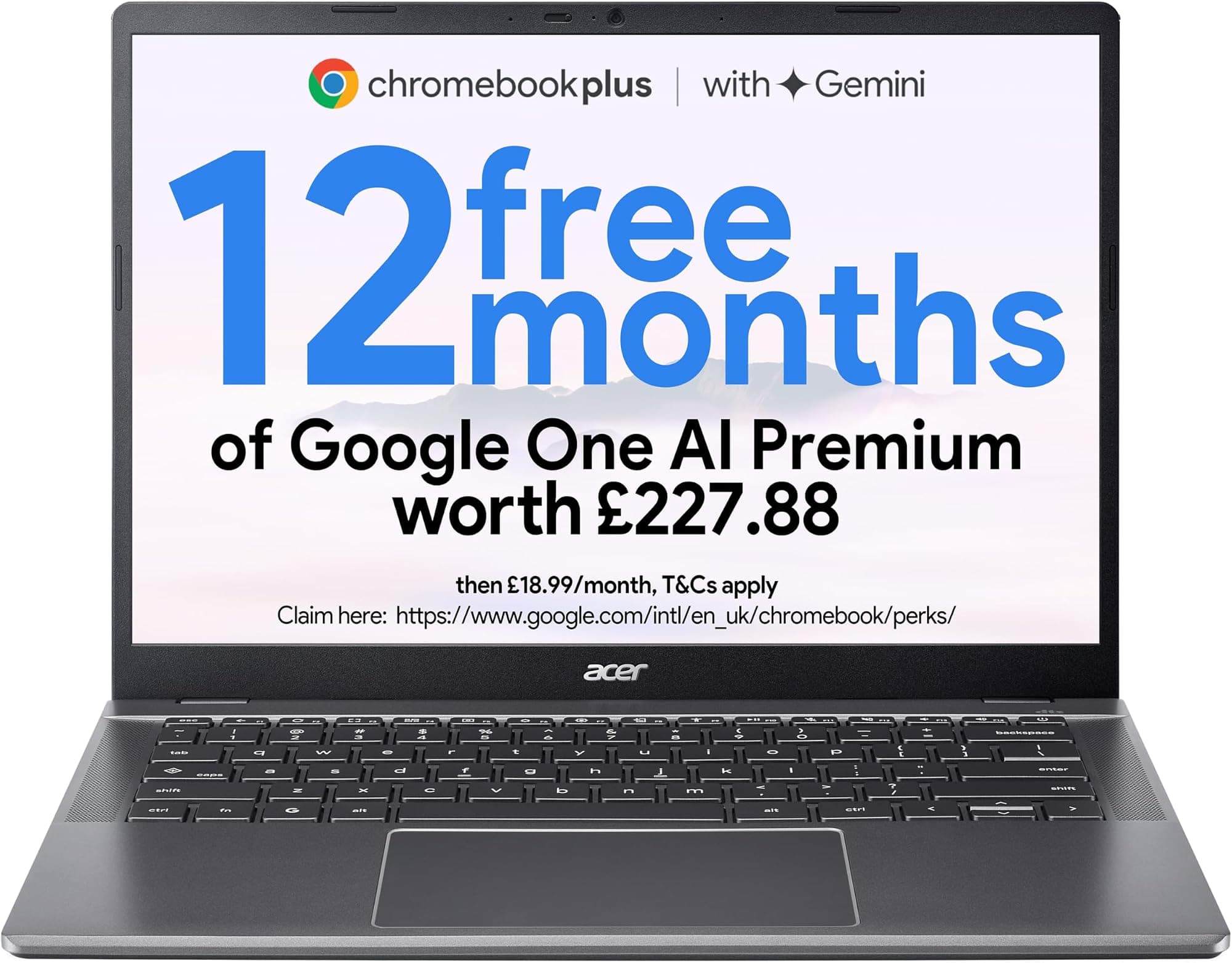 acer Chromebook Plus 514 CB514-5H Laptop - Intel Core i3-1315U, 8GB, 256GB SSD, Integrated Graphics, 14" WUXGA, Chrome OS, Iron