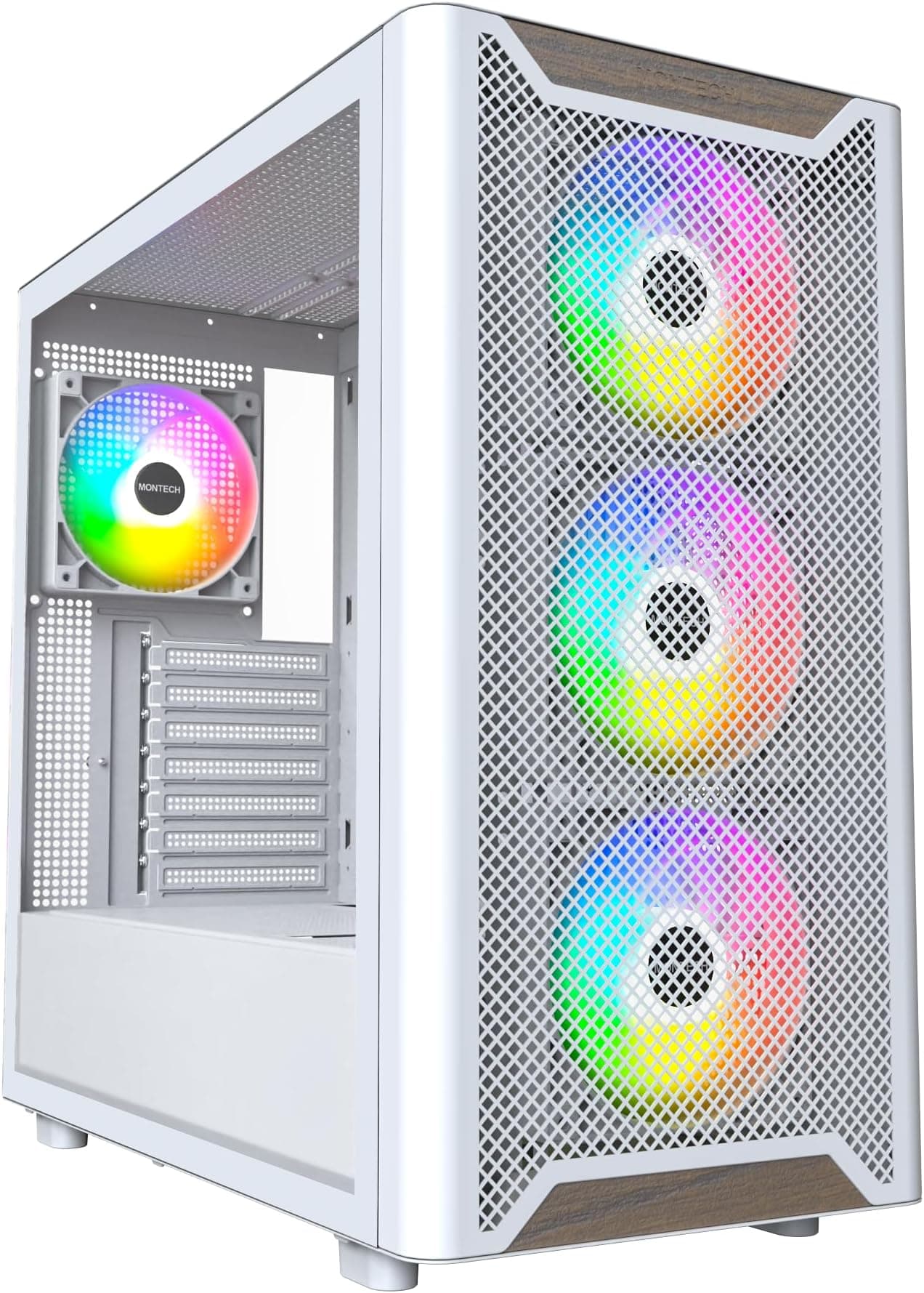 MONTECH XR Wood,Genuine Black Walnut Front, ATX Mid-Tower PC Gaming Case, Glass Side Panel, 4 x 120mm GF120 ARGB PWM Fans Pre-Installed, White