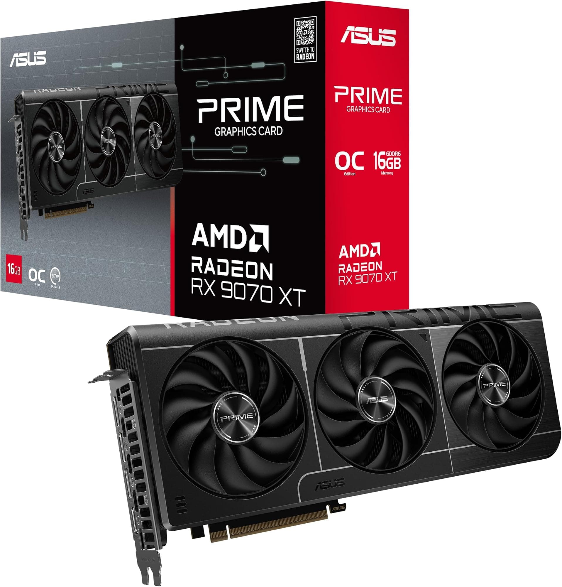 ASUS PRIME RX9070 XT OC, PCIe5, 16GB DDR6, HDMI, 3 DP, 3030MHz Clock, Overclocked, Compact SFF-Ready