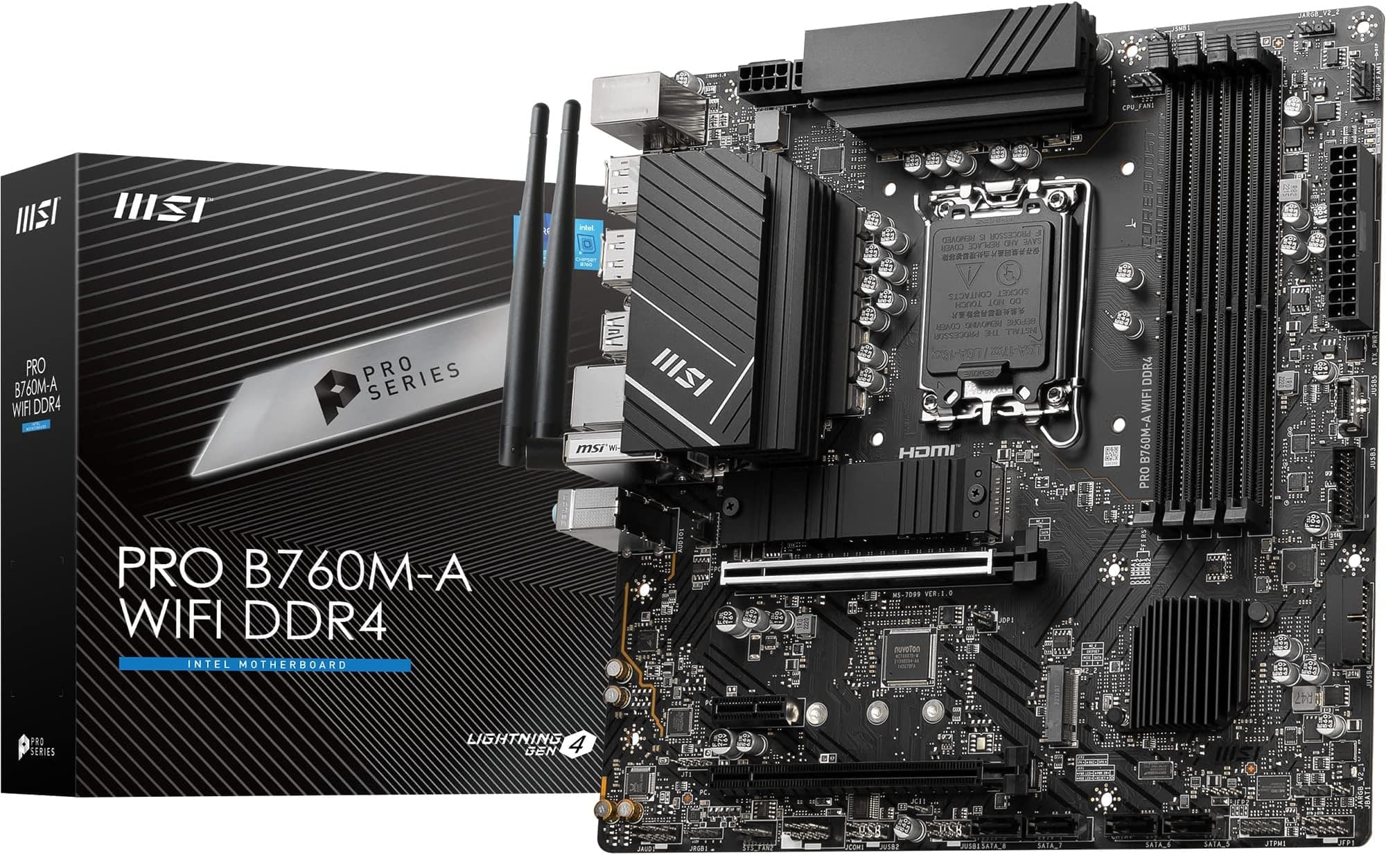 MSI PRO B760M-A WIFI DDR4 Motherboard, Micro-ATX - Supports Intel 14th, 13th & 12th Gen Core Processors, LGA 1700 - DDR4 Memory Boost 5333+MHz/OC, PCIe 4.0 x16, M.2 Gen4 Slots, 2.5G LAN, Wi-Fi 6E