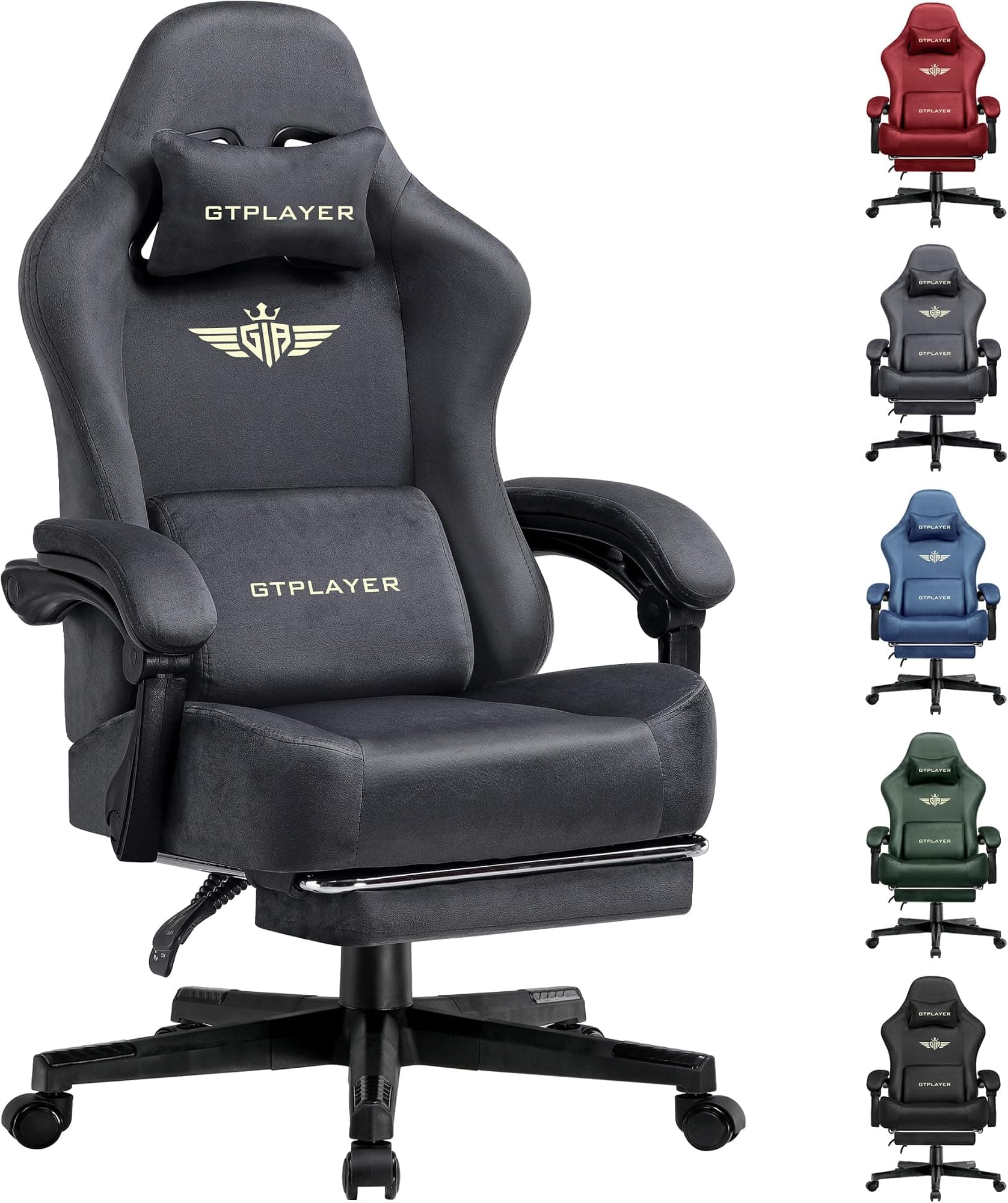 GTPLAYER Fabric Gaming Chair, Ergonomic Computer Chair with Footrest and Lumbar Support Height Adjustable Home Office with 360°-Swivel Seat and Headrest