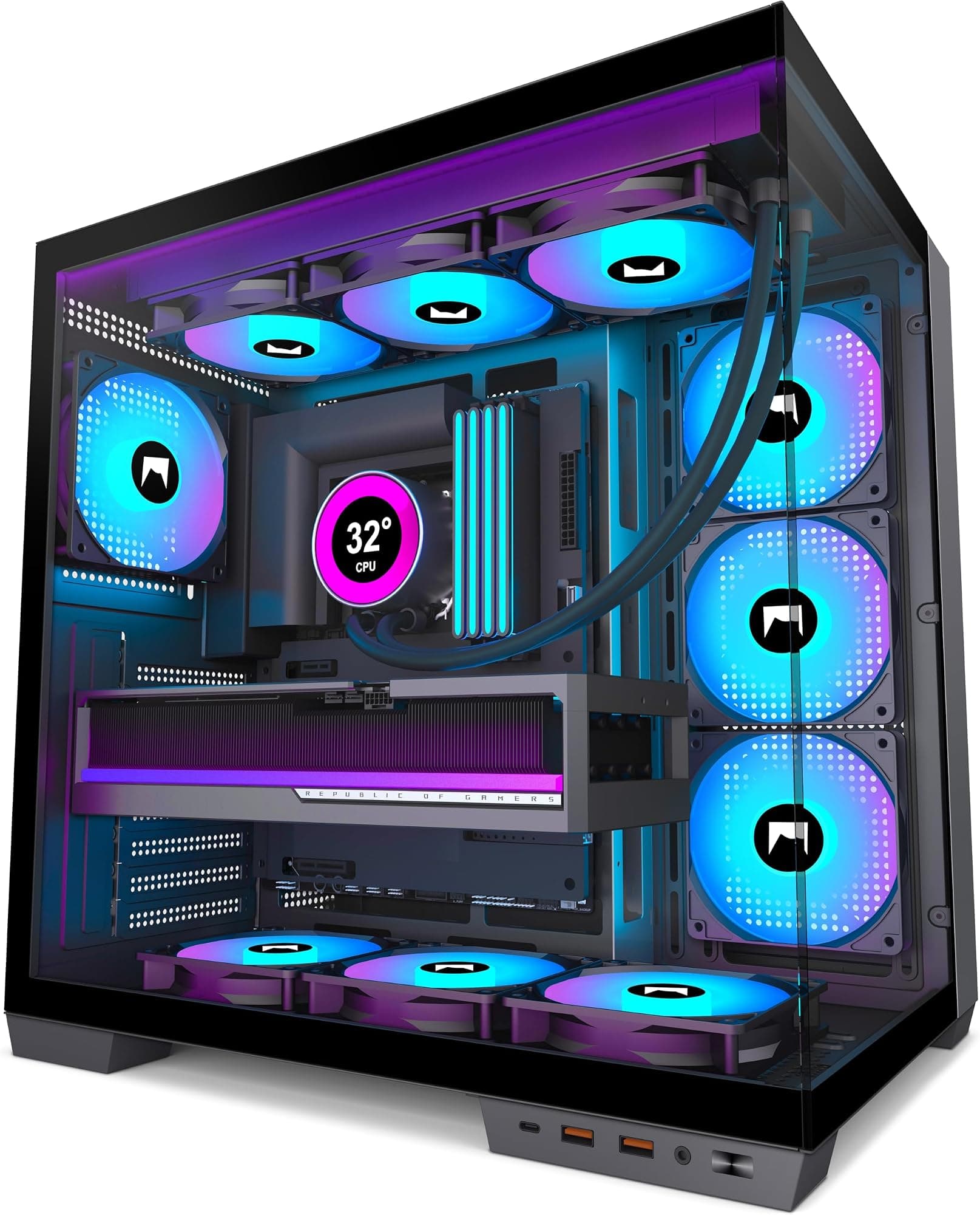 HYXN H1 ATX PC Case-Pre-Installed 7 PWM ARGB Fans, Dual Chamber Mid-Tower Gaming PC Case, with Type-C, Simultaneous Installation of 3x 360mm Radiators, Black (Black, H1)