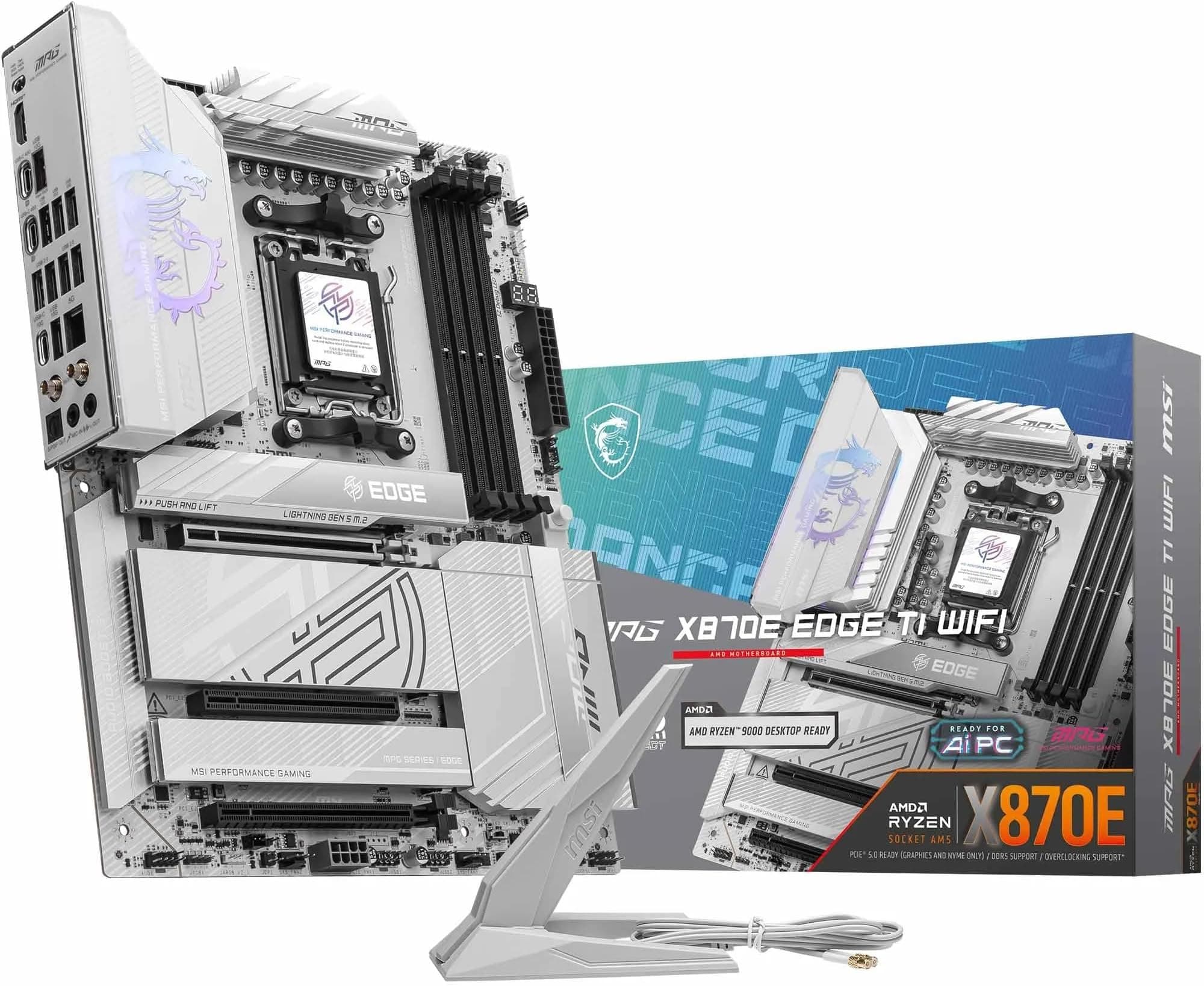 MSI MPG X870E EDGE TI WIFI Motherboard, ATX - Supports AMD Ryzen 9000/8000 / 7000 Processors, AM5-80A SPS VRM, DDR5 Memory Boost 8400+MT/s (OC), PCIe 5.0 x16, M.2 Gen5, Wi-Fi 7, 5G LAN